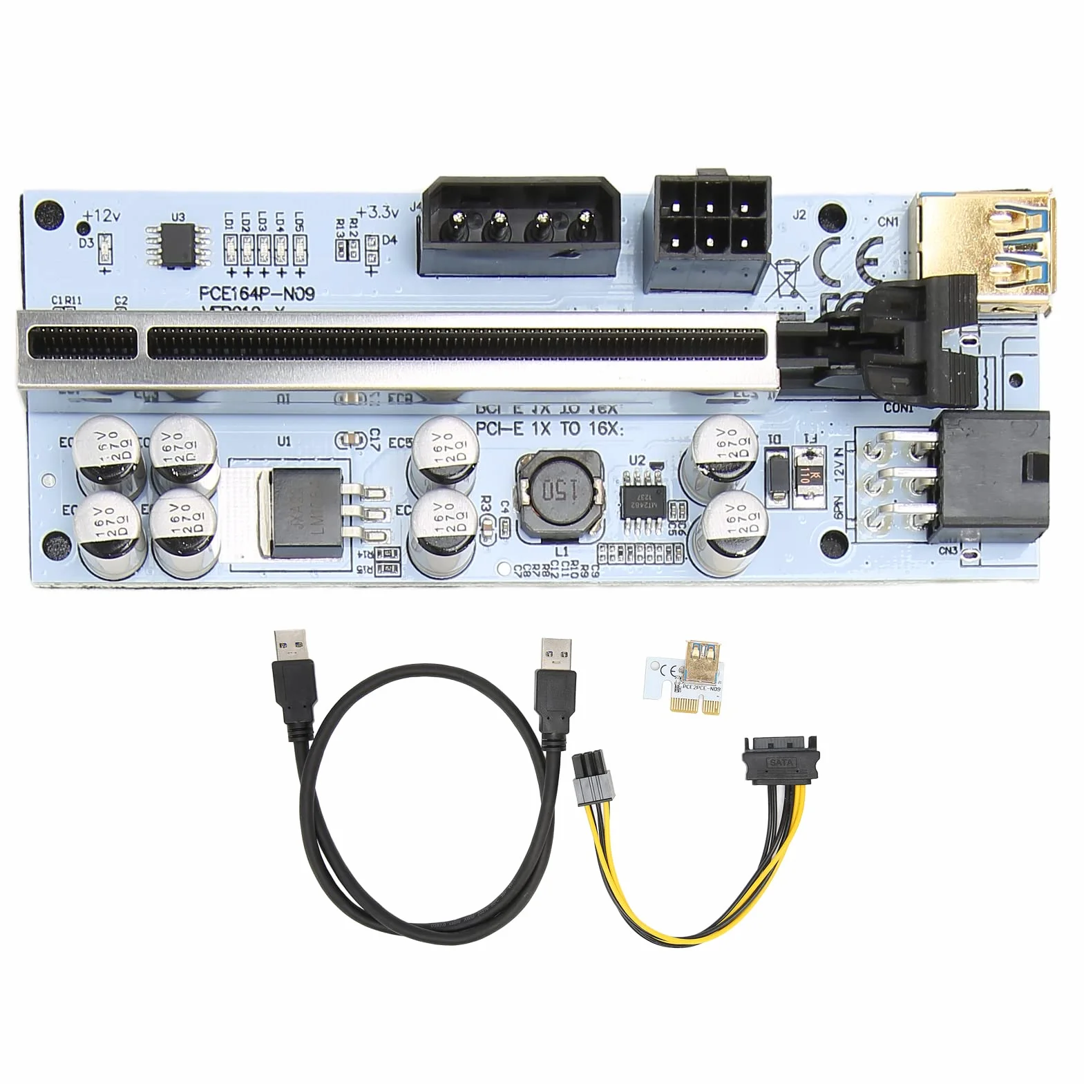 Kabel PCIE Riser, PCIE X1 do PCIE X16 GPU Riser Kabel Przedłużający 6 PIN Zasilany, do Platform Górniczych - Czarny