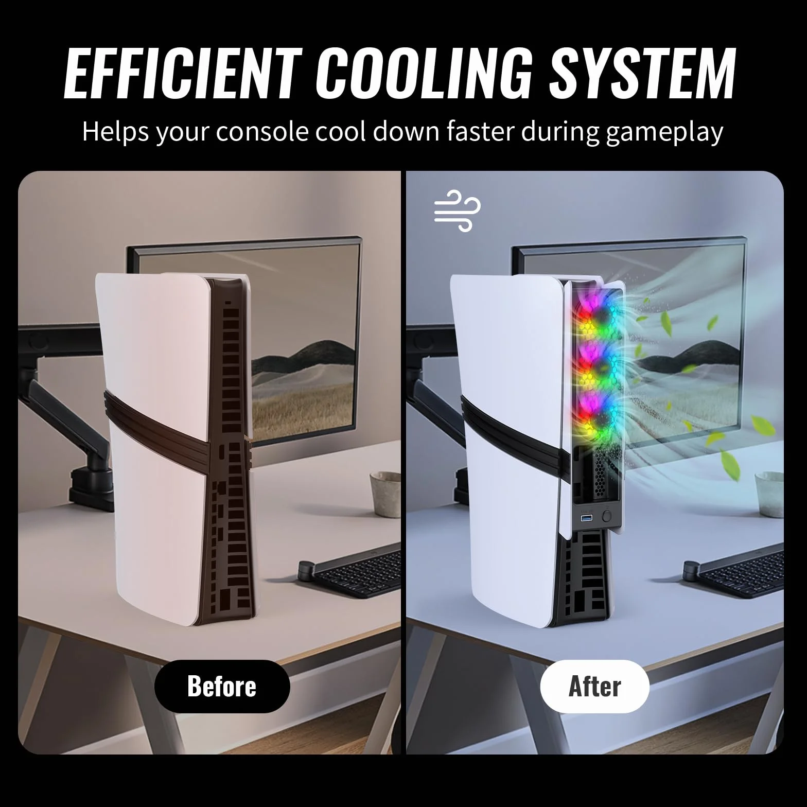 Wentylator chłodzący do konsoli PS5 Pro/Slim - szybkie chłodzenie z automatyczną regulacją temperatury, niski poziom hałasu, oświetlenie RGB i port USB 3.0 dla graczy i entuzjastów konsol,