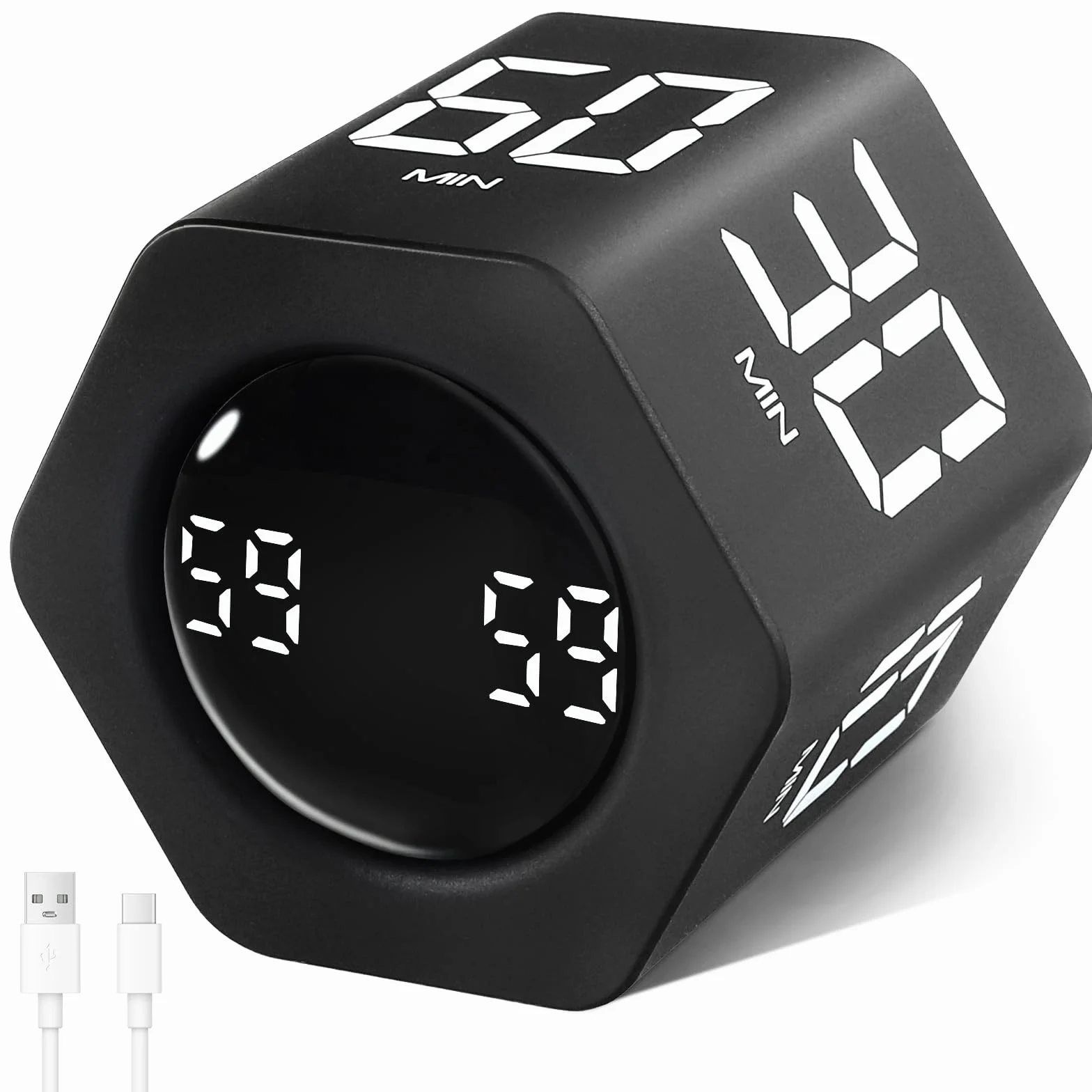 Cuteefun Cube Timer, sześciokątny cyfrowy zegar obrotowy, 1-5-10-30-60 min, cichy, wibracyjny, regulacja głośności, czarny