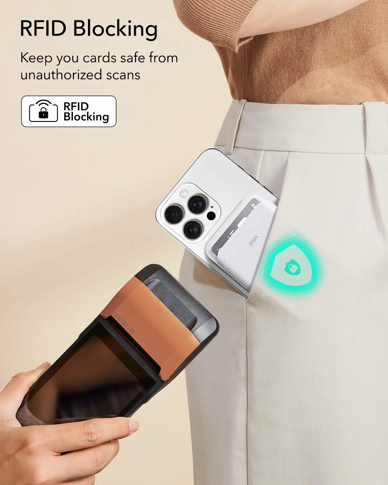 ESR Portfel MagSafe, etui na 5 kart, magnetyczny portfel do iPhone'a, blokada RFID, z siłą magnetyczną 3200 g, wegańska skóra, smukły do iPhone'a serii 17/16/15/14/13/12, nie dla 13/12 Mini, biały