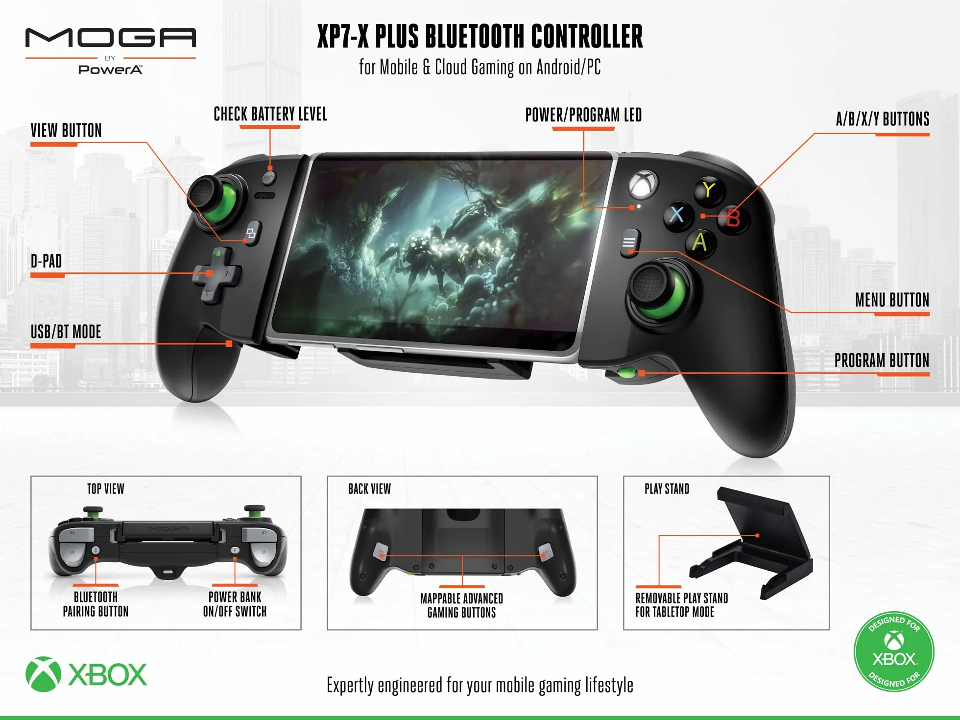 PowerA MOGA XP7-i Plus kontroler Bluetooth do gier mobilnych i w chmurze na Androida/PC, teleskopowy gamepad, kontroler gier mobilnych