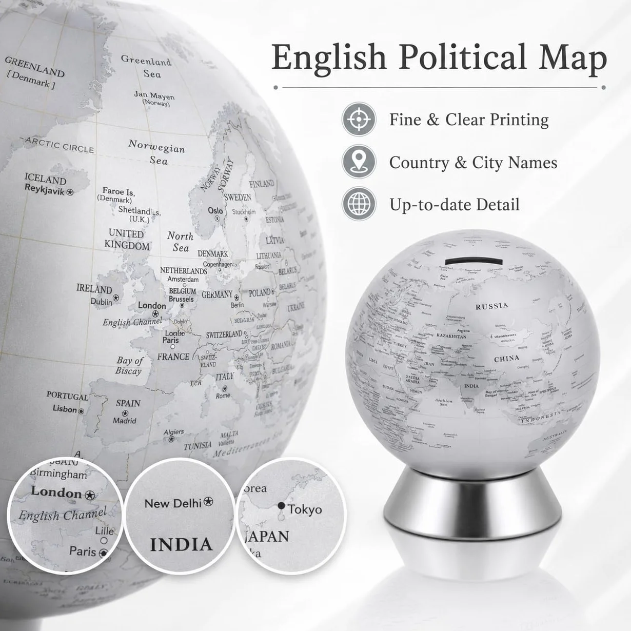 Exerz Skarbonka/skarbonka, średnica 16 cm, współczesny metalowy wygląd, podstawa ze stali nierdzewnej, mapa polityczna, edukacyjna, dekoracyjna, srebrna