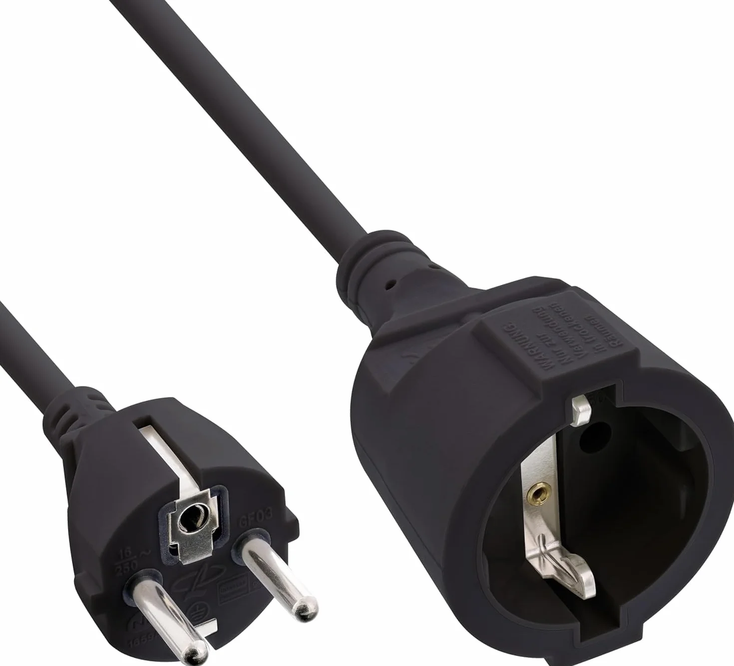 InLine Przedłużacz ze stykiem ochronnym CEE 7/7 do użytku w pomieszczeniach, certyfikat GS z ochroną przed dziećmi, 230 V, H05VV-F3G1,5, 1 m, czarny, 16400