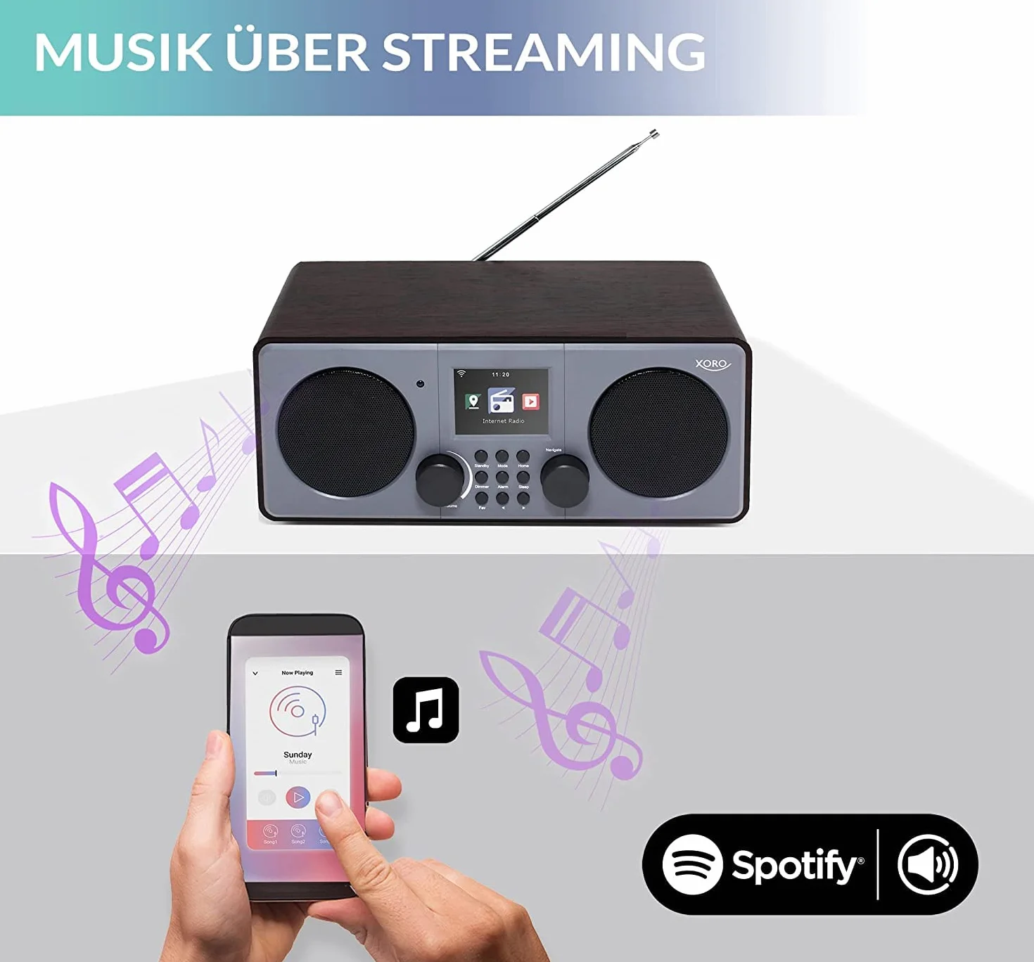 XORO DAB 600 IR V3 – radio internetowe DAB+/FM z Wi-Fi, 2 x 5 W RMS, USB 2.0, sterowanie aplikacją, Bluetooth, Spotify Connect, AUX, funkcja budzika, stacja pogodowa