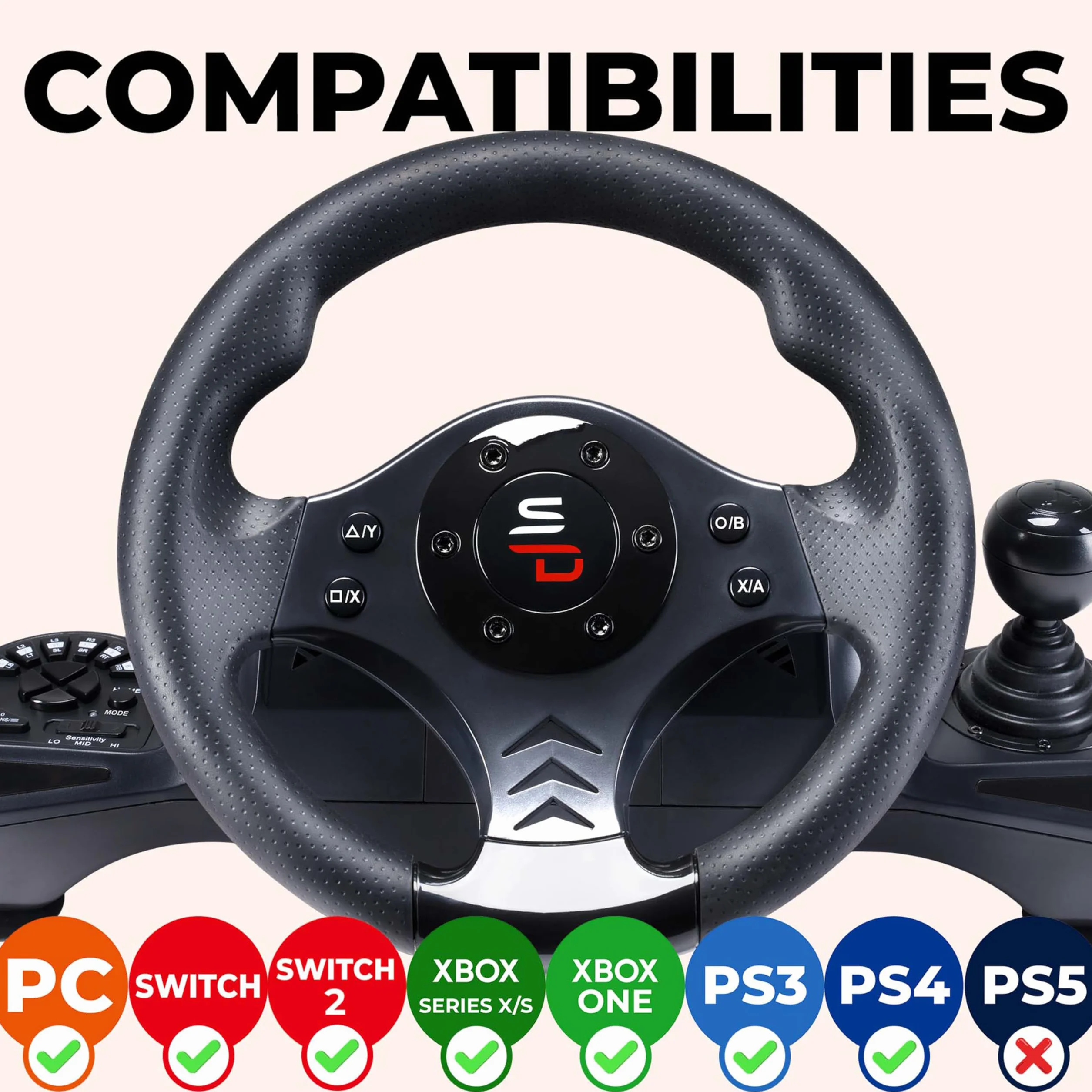SUBSONIC Superdrive – kierownica wyścigowa GS750 Drive Pro z pedałami, wiosłami, dźwignią zmiany biegów i wibracjami do Xbox serii X/S, PS4, Xbox One, PC (programowalna do wszystkich gier)
