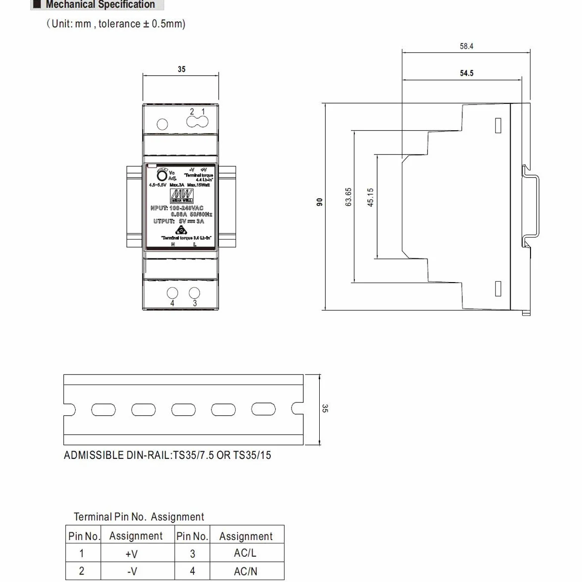 MEANWELL Zasilacz impulsowy na szynę DIN 36W 24V/1.5A