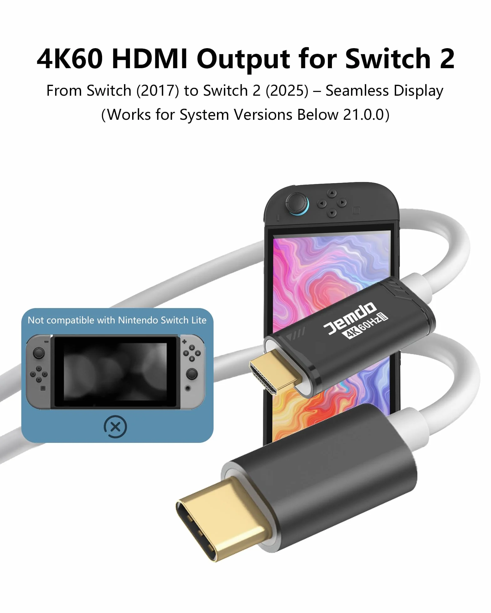 JEMDO Switch 2 Dock HDMI kabel do telewizora, 4K 60 Hz, czarny