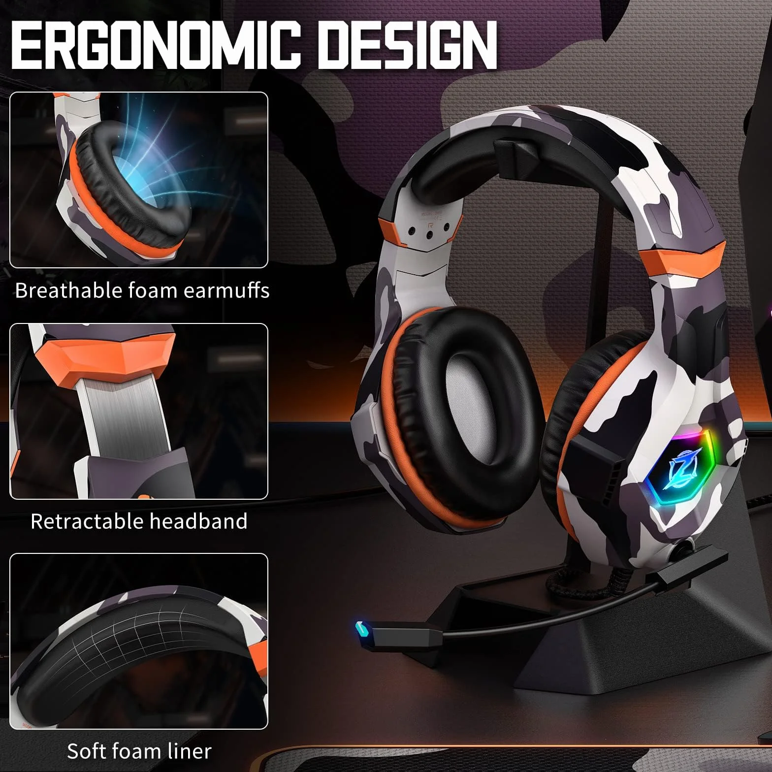 Ozeino Zestaw Słuchawkowy do Gier PS4 PS5 PC Xbox Switch, Słuchawki Nauszne z Dźwiękiem Przestrzennym i Światłem RGB
