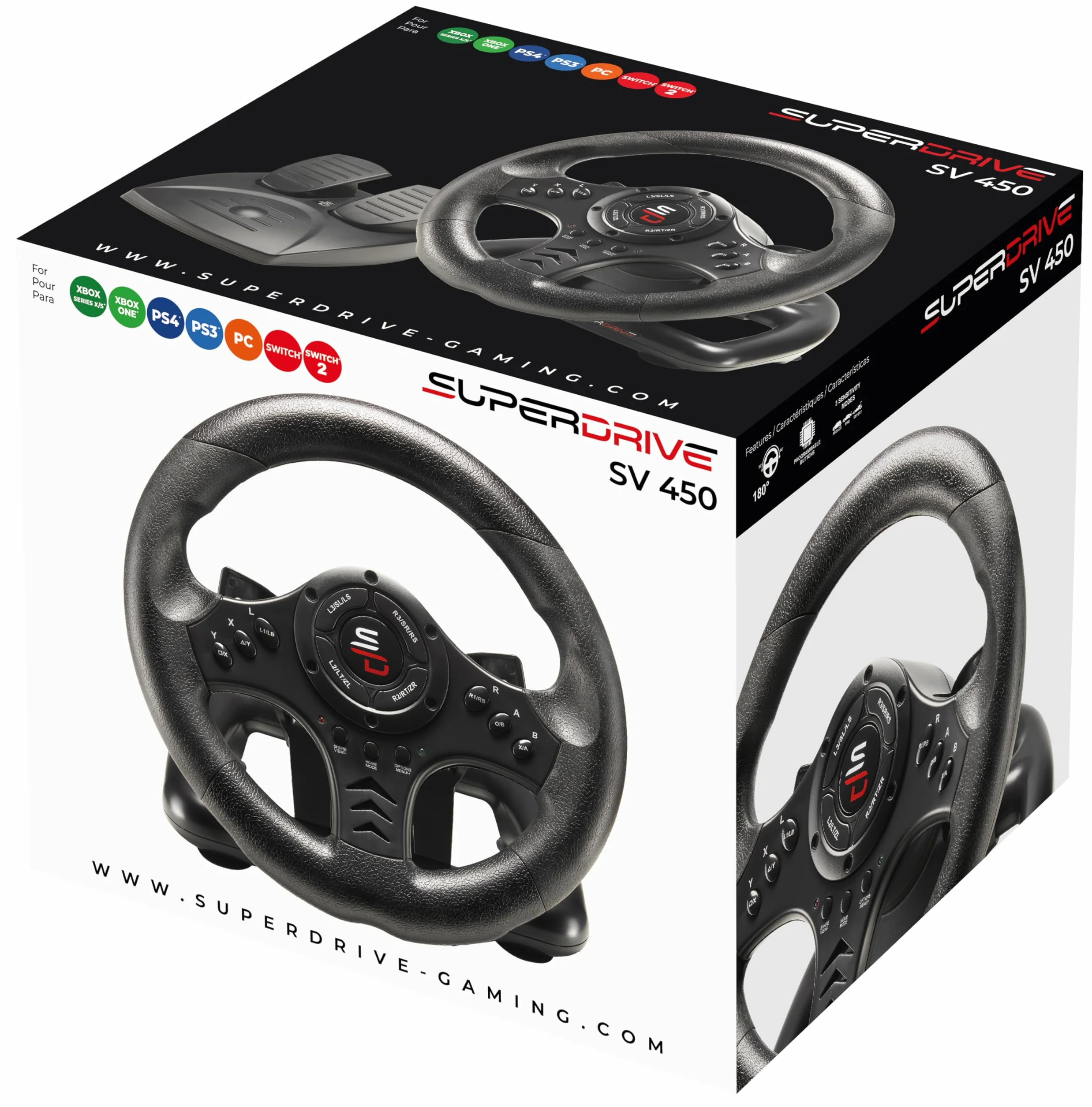 SUBSONIC Superdrive - kierownica wyścigowa SV450 Racing Wheel kierownica z pedałami, Shift & Vibration - Xbox X/Series, Switch, PS4, Xbox One, PC (programowalny do wszystkich gier), SA5426-NG