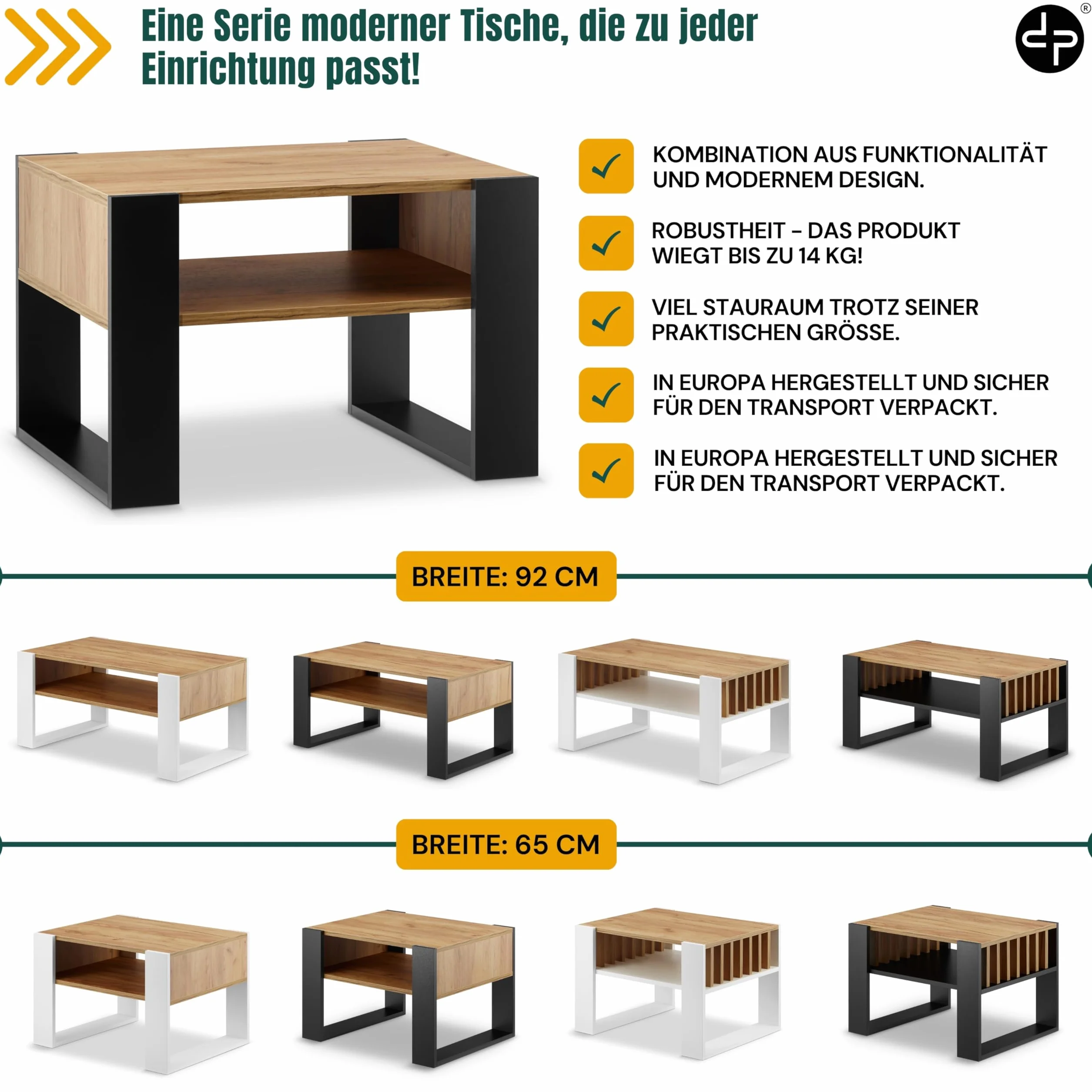 defiPad Stolik do salonu na kanapę, mały stolik kawowy z czarnym dębem, z miejscem do przechowywania, nowoczesny stół do salonu, stolik kawowy o szerokości 65 cm, stabilny stolik kawowy