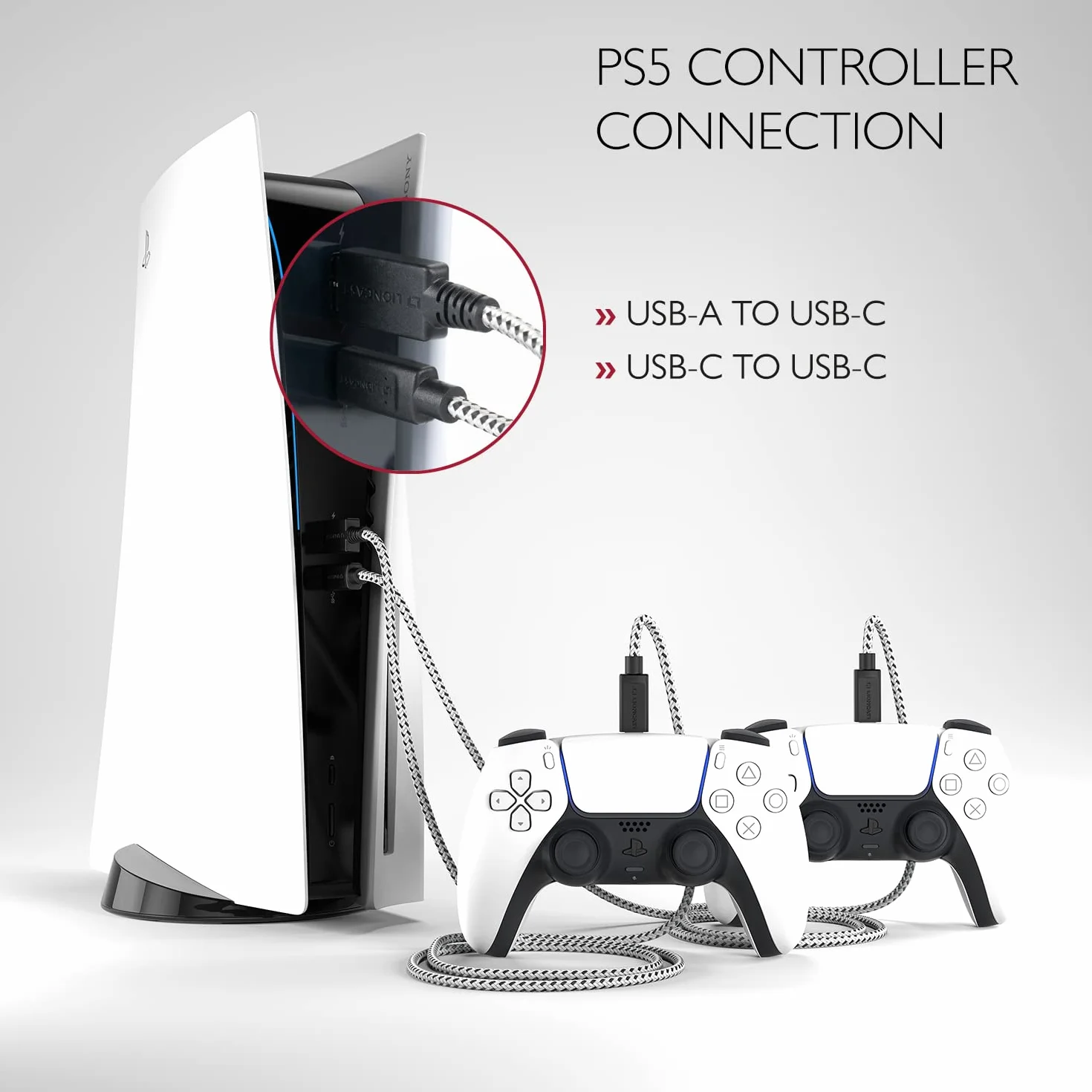 Lioncast 4 m PS5 kabel do ładowania do kontrolera Playstation 5, 4 metry, kabel do szybkiego ładowania do Sony Playstation, zestaw (2 szt.), czarny/biały (1 x USB-C na USB-A i USB-C)