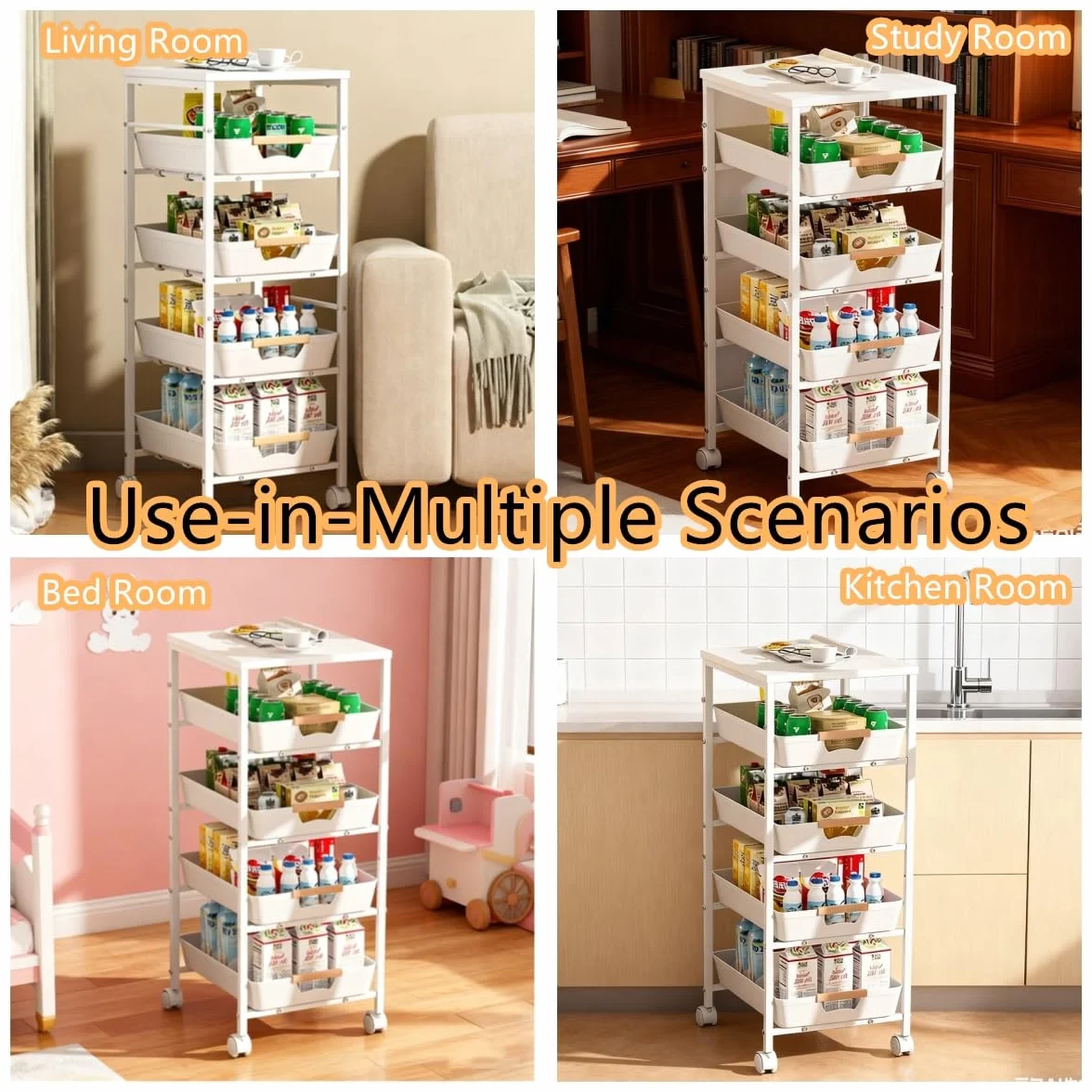 CarolynDesign 5-poziomowy organizer z metalową ramą, wózek użytkowy z drewnianym blatem, wielofunkcyjny schowek na kółkach z wysuwanymi szufladami do kuchni, salonu, łazienki