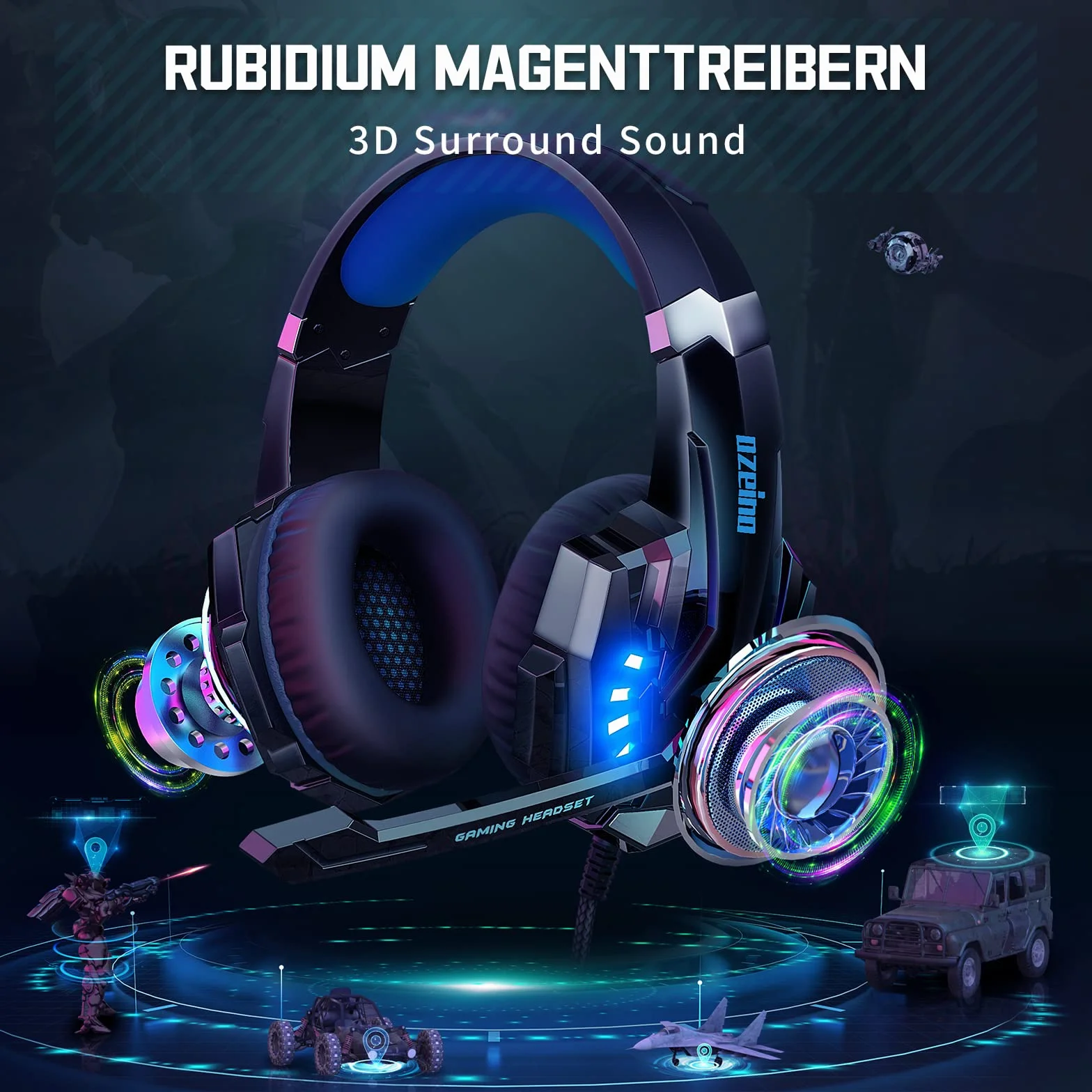 Ozeino Zestaw słuchawkowy gamingowy do PS4 PS5 3D Surround Sound Noise Cancelling, słuchawki z mikrofonem do PC Xbox One Switch z oświetleniem LED