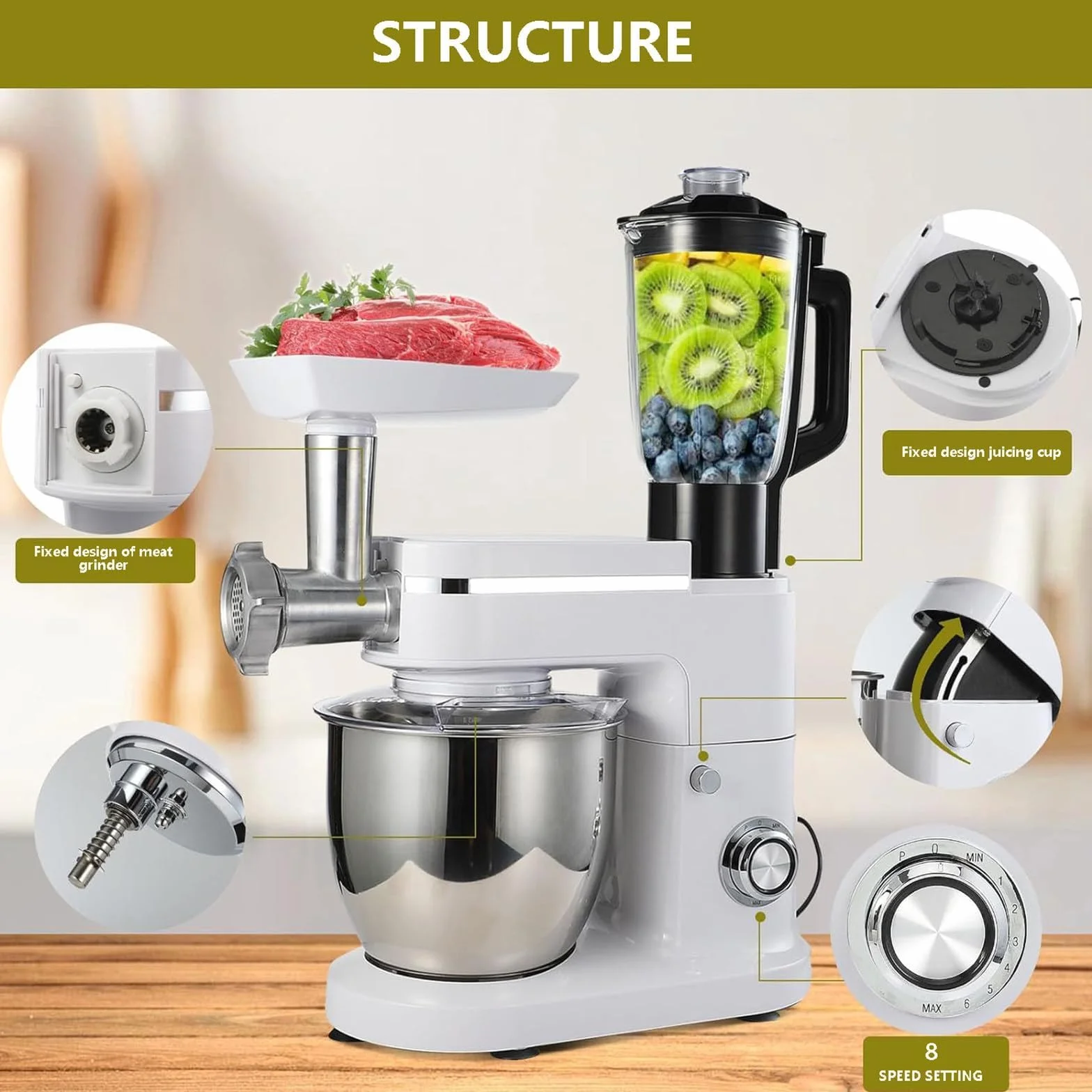 Robot Kuchenny 1500 W Blender 6 L Maszynka Do Mielenia Mięsa Mikser Stojący Biały