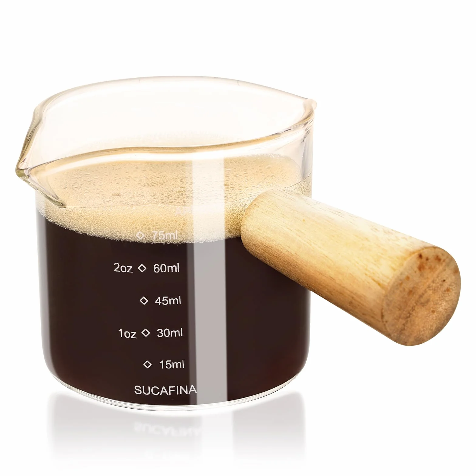 HOTUT Dzbanek z podwójną wylewką, z drewnianym uchwytem, do kawy espresso, z miarką, wylewka w kształcie litery V, podwójna, na mleko, do domu, biura, kawiarni, 75 ml