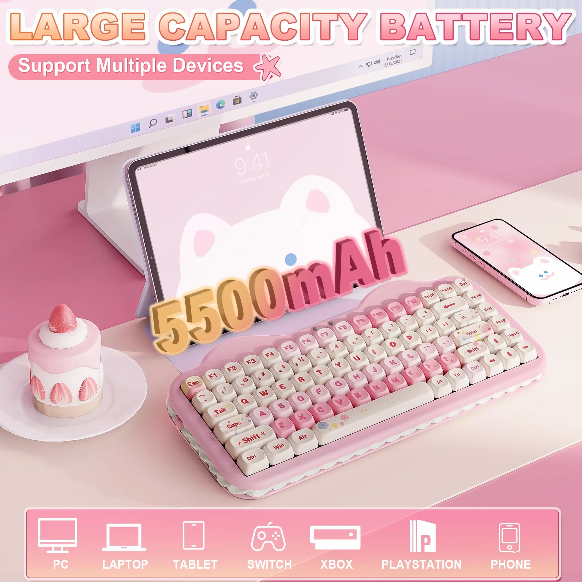 YUNZII C75 Bezprzewodowa Mechaniczna Klawiatura, 75% Układ Hot Swappable Kremowa Klawiatura NKRO,Uroczy Projekt Ciasta BT5.0/2.4G/USB-C dla Win/Mac/Gaming (Różowy, Milk V2 Linear Switch)