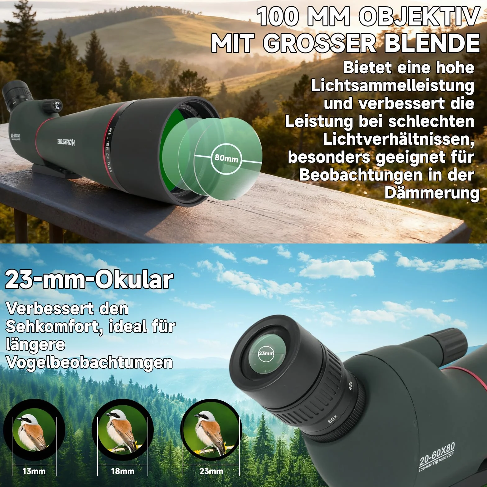 Luneta Obserwacyjna 20-60x80, Monokular z Pryzmatem Porro, FMC, Statyw, Adapter do Smartfona, 45° Okular, do Obserwacji Ptaków i Polowań