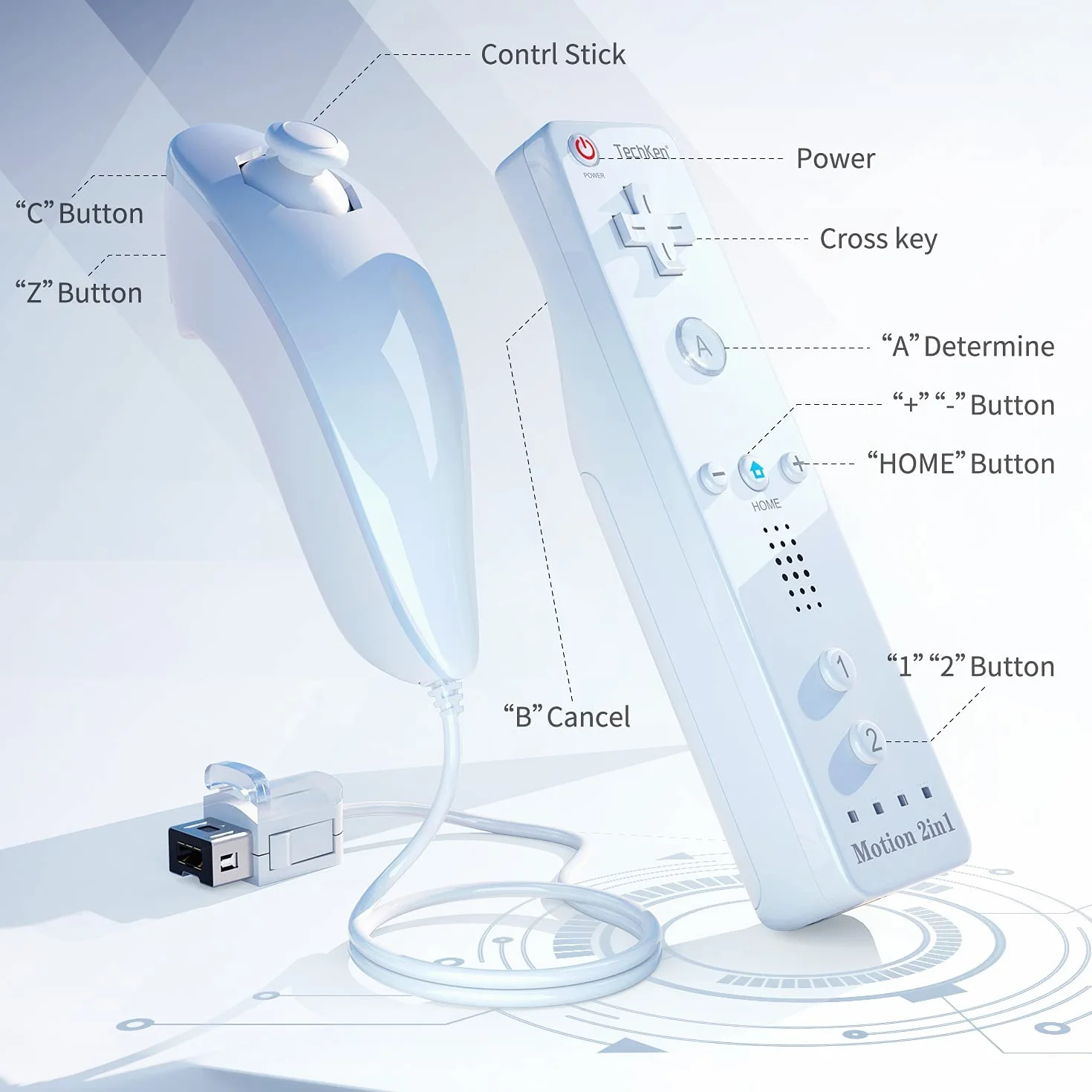 TechKen Pilot Zdalnego Sterowania Wii z Nunchuck, Zamiennik Kontrolera Biały
