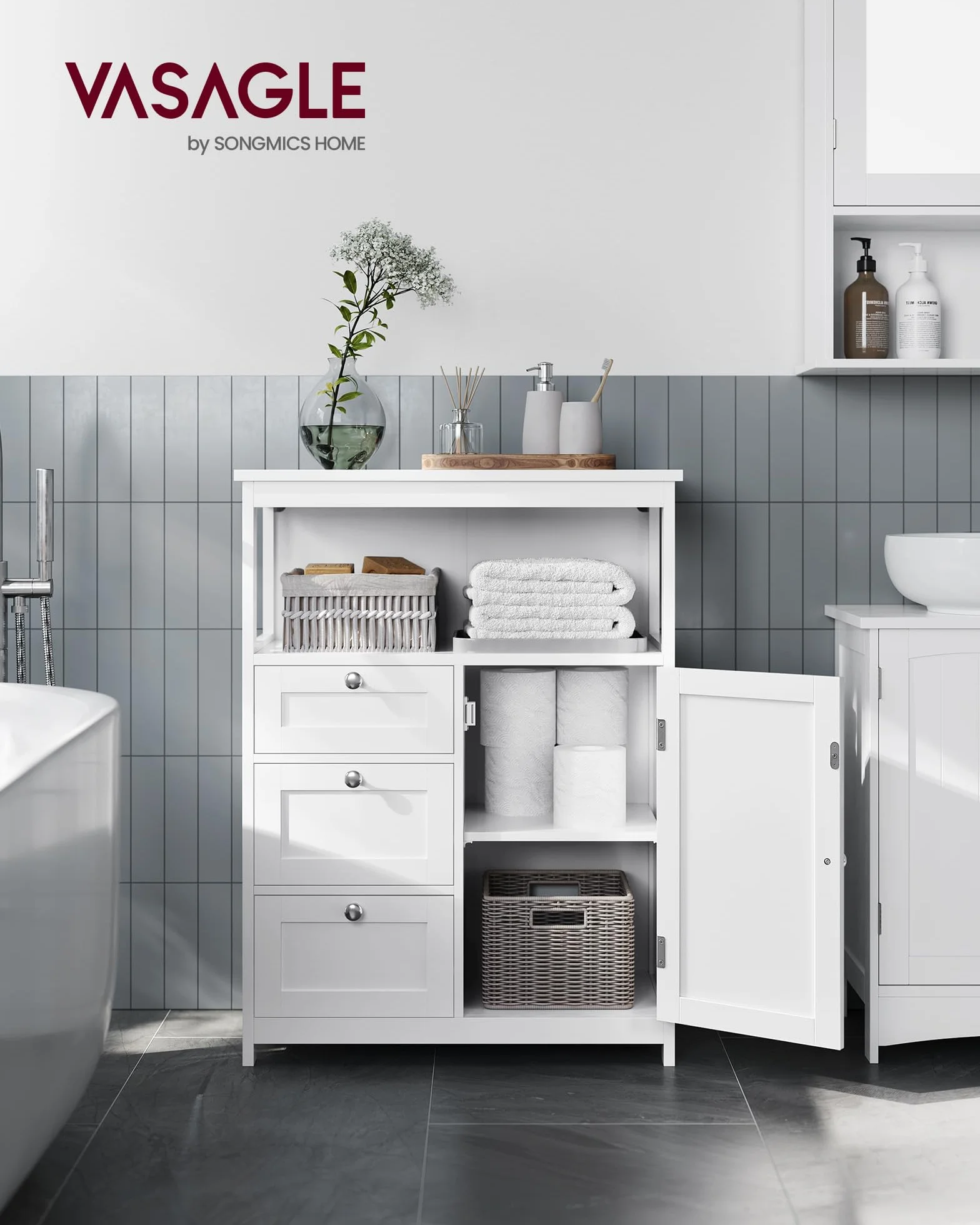 VASAGLE BBC542P31V1 szafka łazienkowa do przechowywania, szafka łazienkowa z 3 szufladami, wolnostojąca, regulowana półka, 30 x 60 x 80 cm, biała chmurka