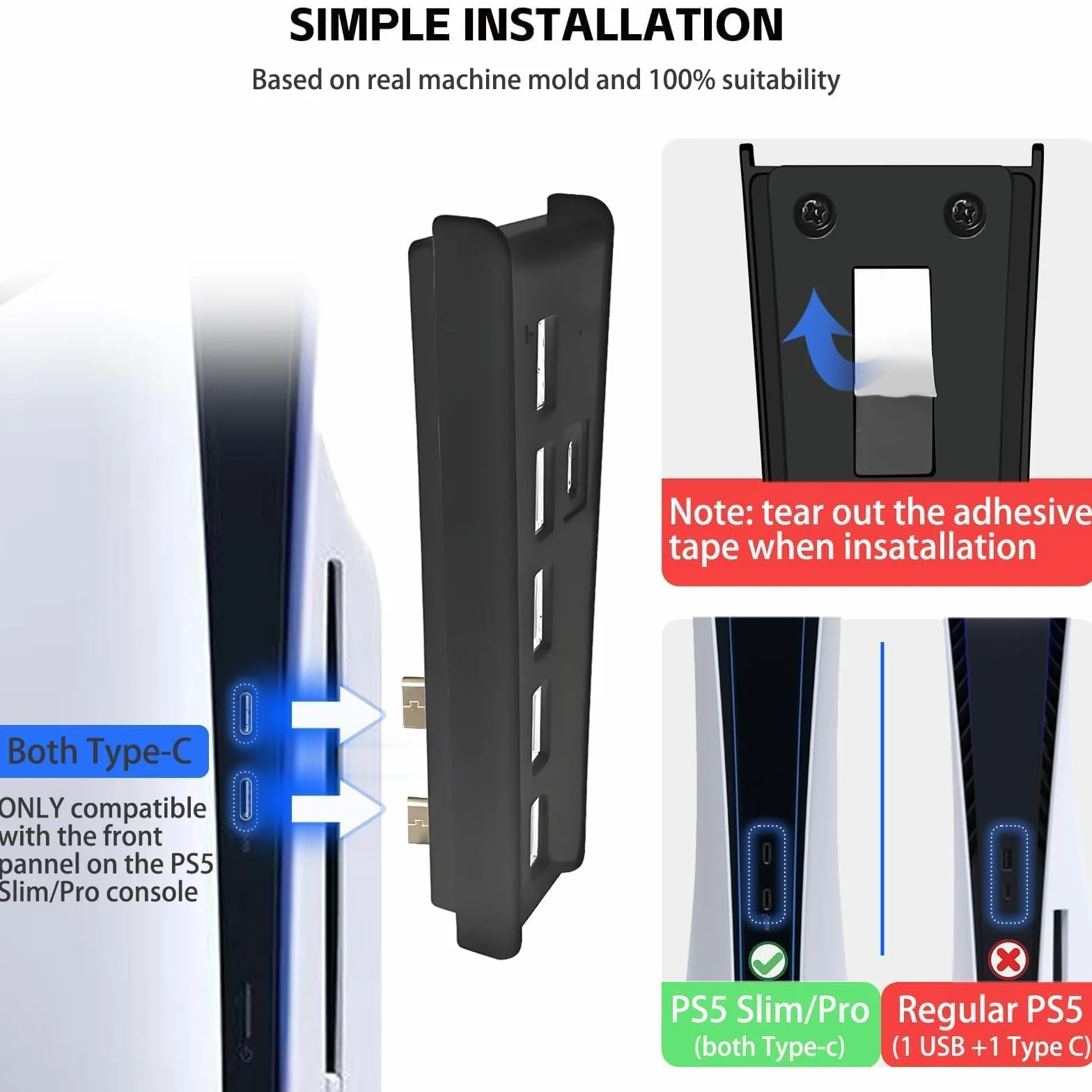 Hub 6 portów USB do konsoli PS5 Pro/Slim, High-Speed Expander Hub z 4 portami USB-A 2.0 + 1 port ładowania USB + 1 złącze typu C, kompatybilny z gniazdami przednimi PlayStation 5 Pro/Slim