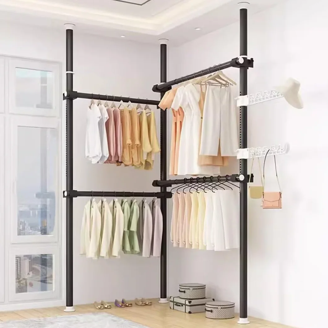 Regulowany teleskopowy stojak na ubrania 110-310 cm czarny 4 drążki 6 prętów