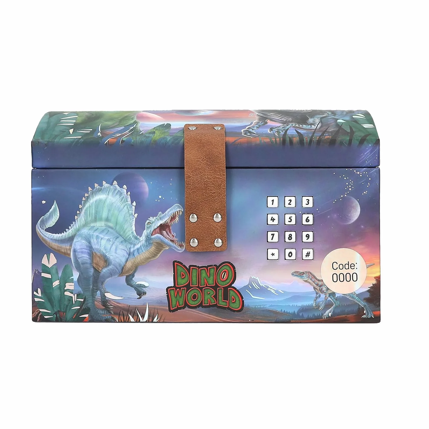 Depesche 13441 Dino World - skrzynia na skarby w kształcie dinozaura z planetami, schowek z kodem, dźwiękiem i światłem