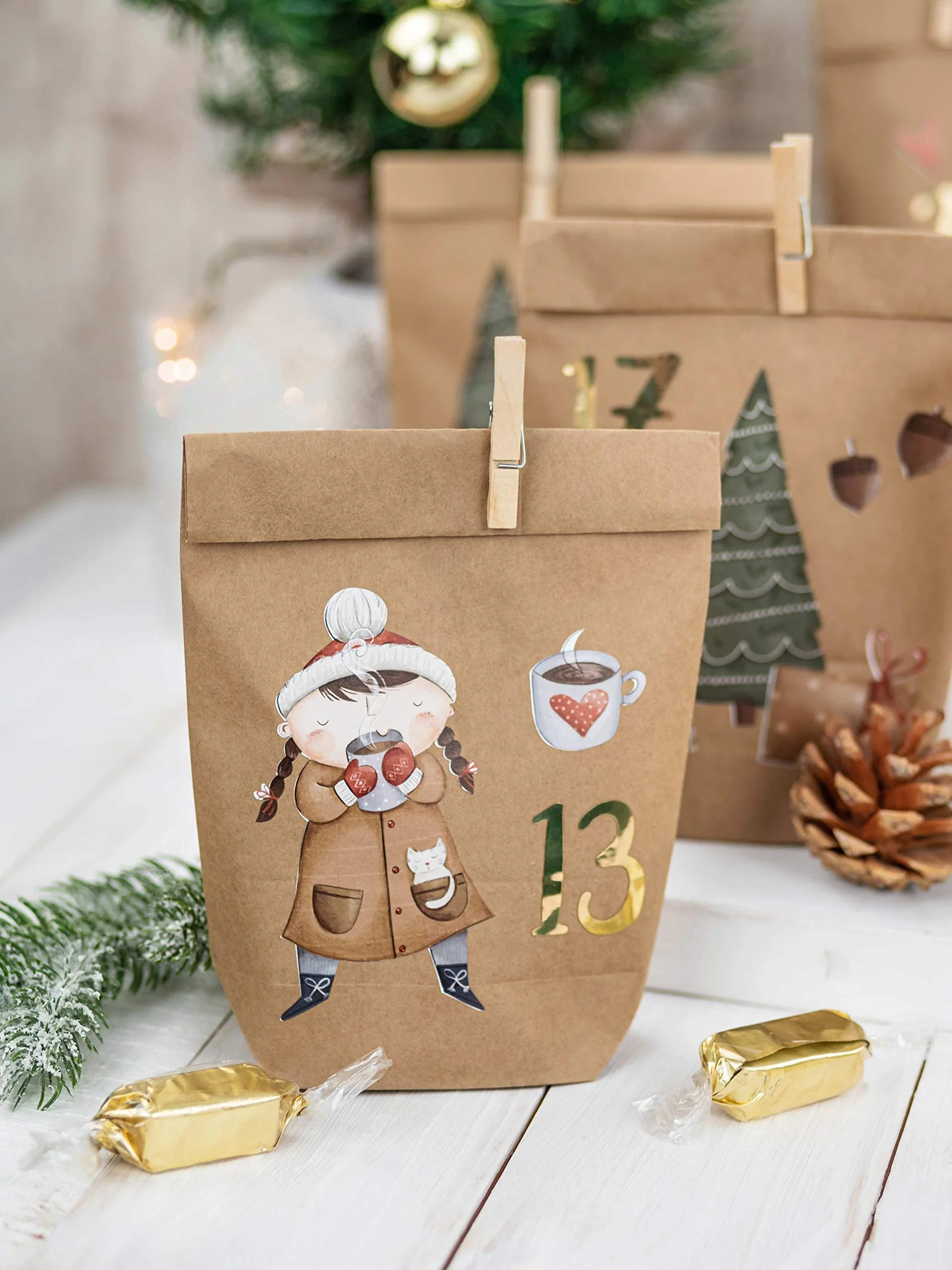 Papierdrachen DIY kalendarz adwentowy łyżwiarz 24 brązowe papierowe torebki naklejki Boże Narodzenie
