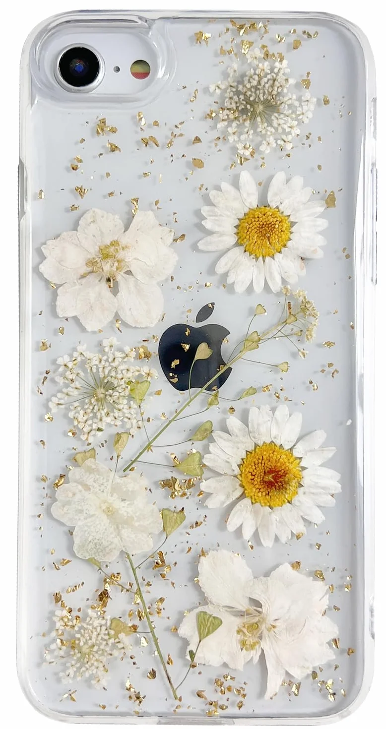 AMART na iPhone 7/8/SE 3/SE 2020 etui z kwiatami, przezroczyste etui z prawdziwymi suszonymi kwiatami, przezroczyste z motywem brokatu miękkie silikonowe etui ochronne na iPhone SE 3 (złoty kwiat)