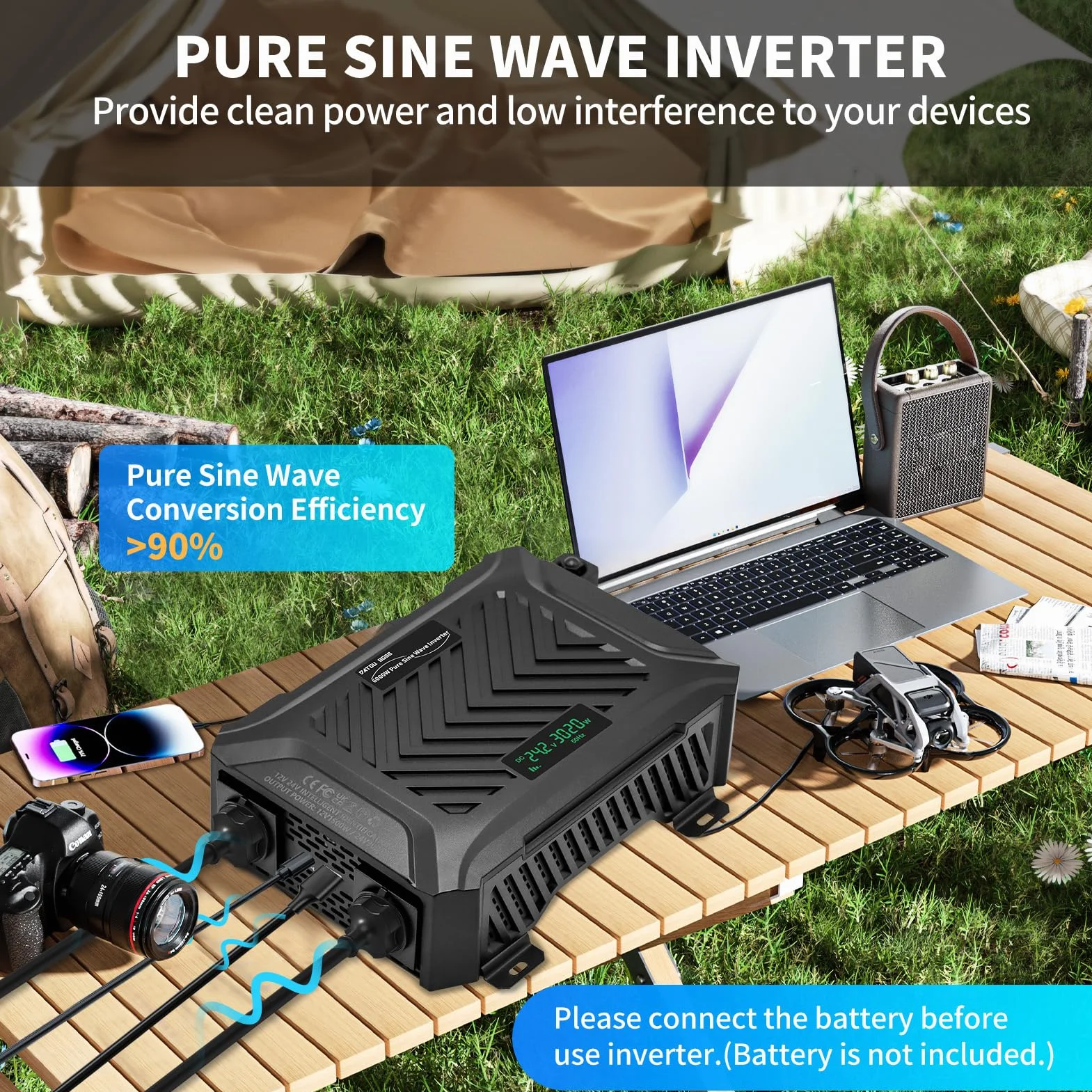 DATOUBOSS Przetwornica napięcia 12 V/24 V na 230 V 1500 W/3000 W, falownik czysty sinus 3000 W/6000 W, moc szczytowa, z inteligentnym systemem rozpoznawania, wyświetlaczem LCD, 2 gniazda EU