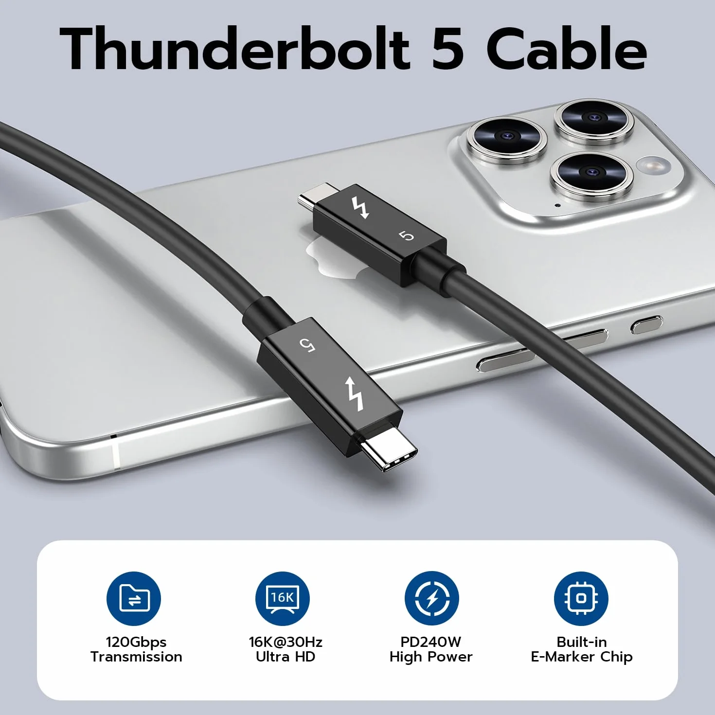 Mcbazel Thunderbolt 5 Kabel typu C, 240 W i 120 Gbps, pojedynczy kabel wideo 16K@30 Hz i podwójny 6K/8K@60 Hz do urządzeń USB 4.0, USB-C, Mac, iMac, laptopów, PC i smartfonów, 1M