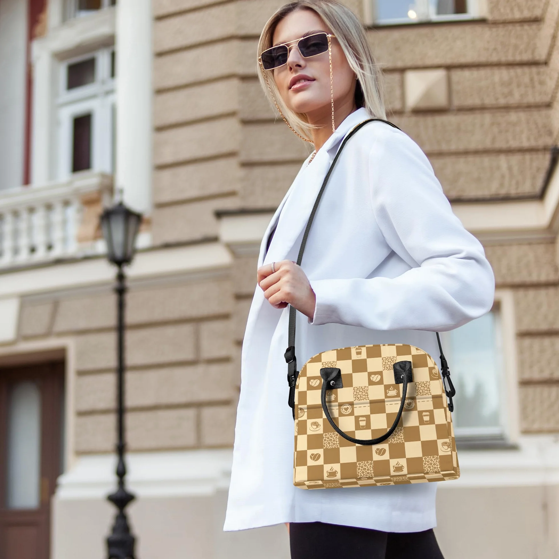 Clastyle Izolowana torba na lunch geometryczna duża torba na lodówkę z paskiem na ramię, brązowa