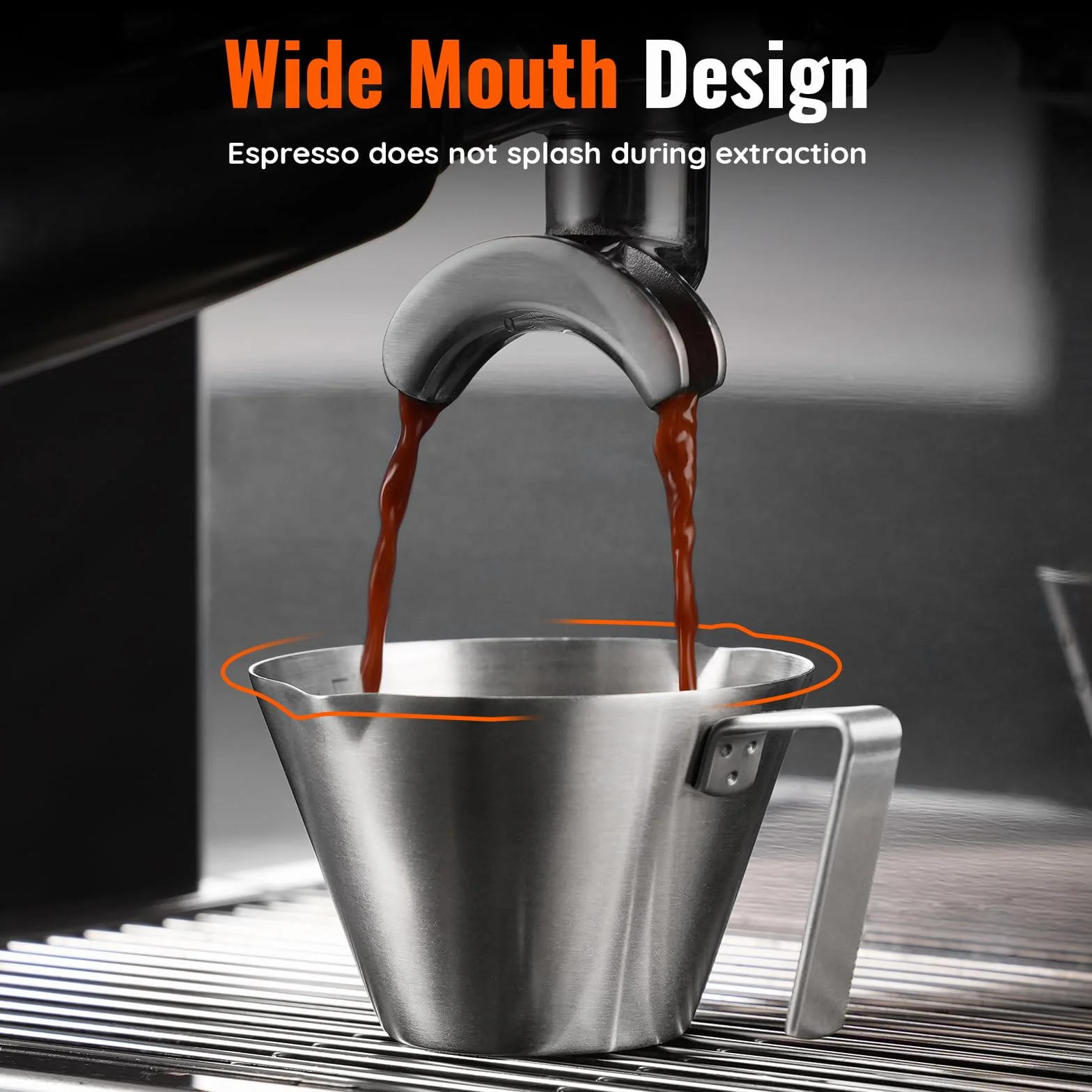 YARRAMATE Kubek do espresso z uchwytem, akcesoria do ze stali nierdzewnej, podwójna wylewka, metalowy kubek pomiarowy z podwójną skalą, kieliszek do z ustnikiem w kształcie litery V,