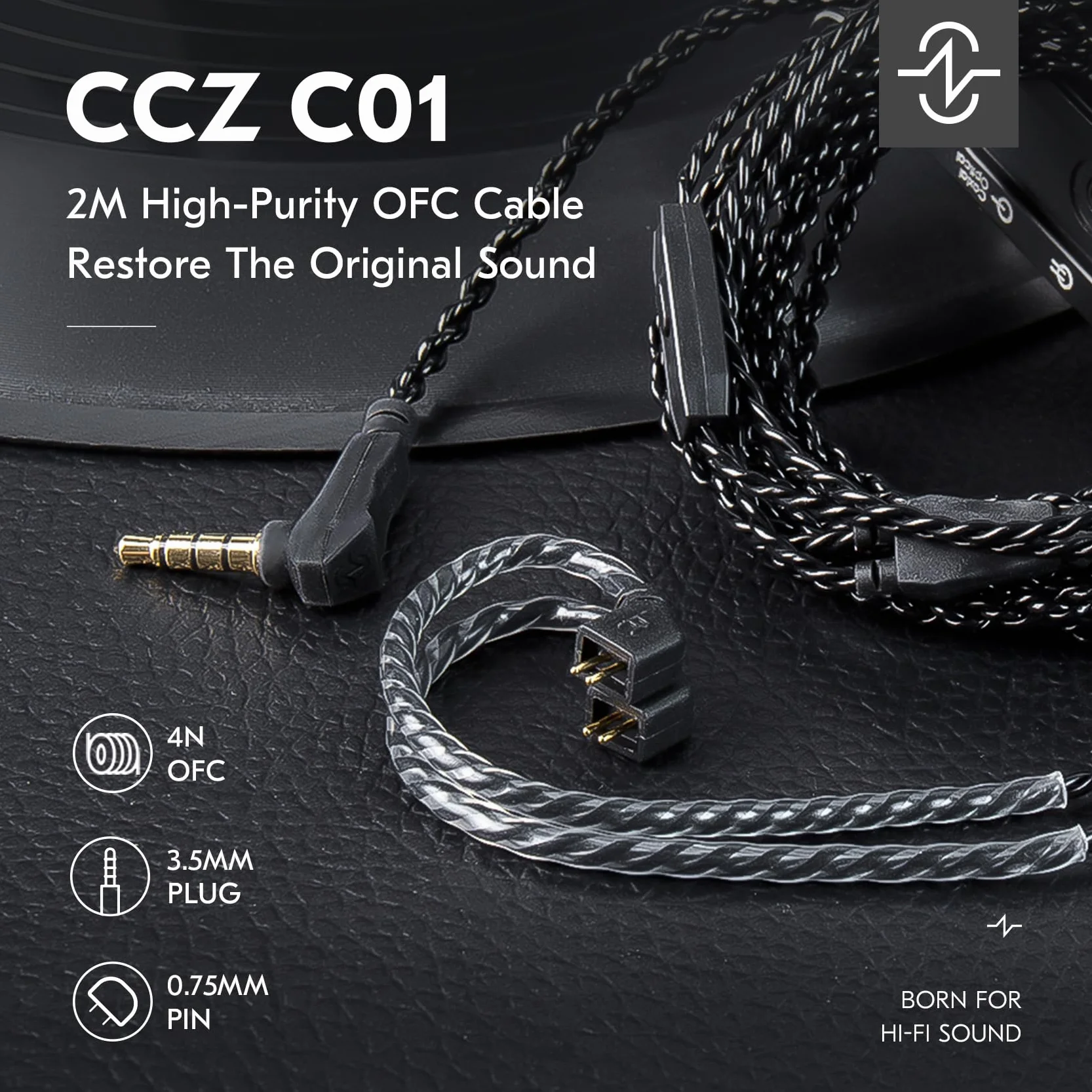 KBEAR Kabel IEM KS1, długość 2 m, CCZ C01 4N OFC, ulepszone zamienne kable douszne do CCZ Melody, DC01 PRO, MC02, DC02, DC03, NC01, KS2, Storm, 2 m, piny TFZ bez mikrofonu, czarny