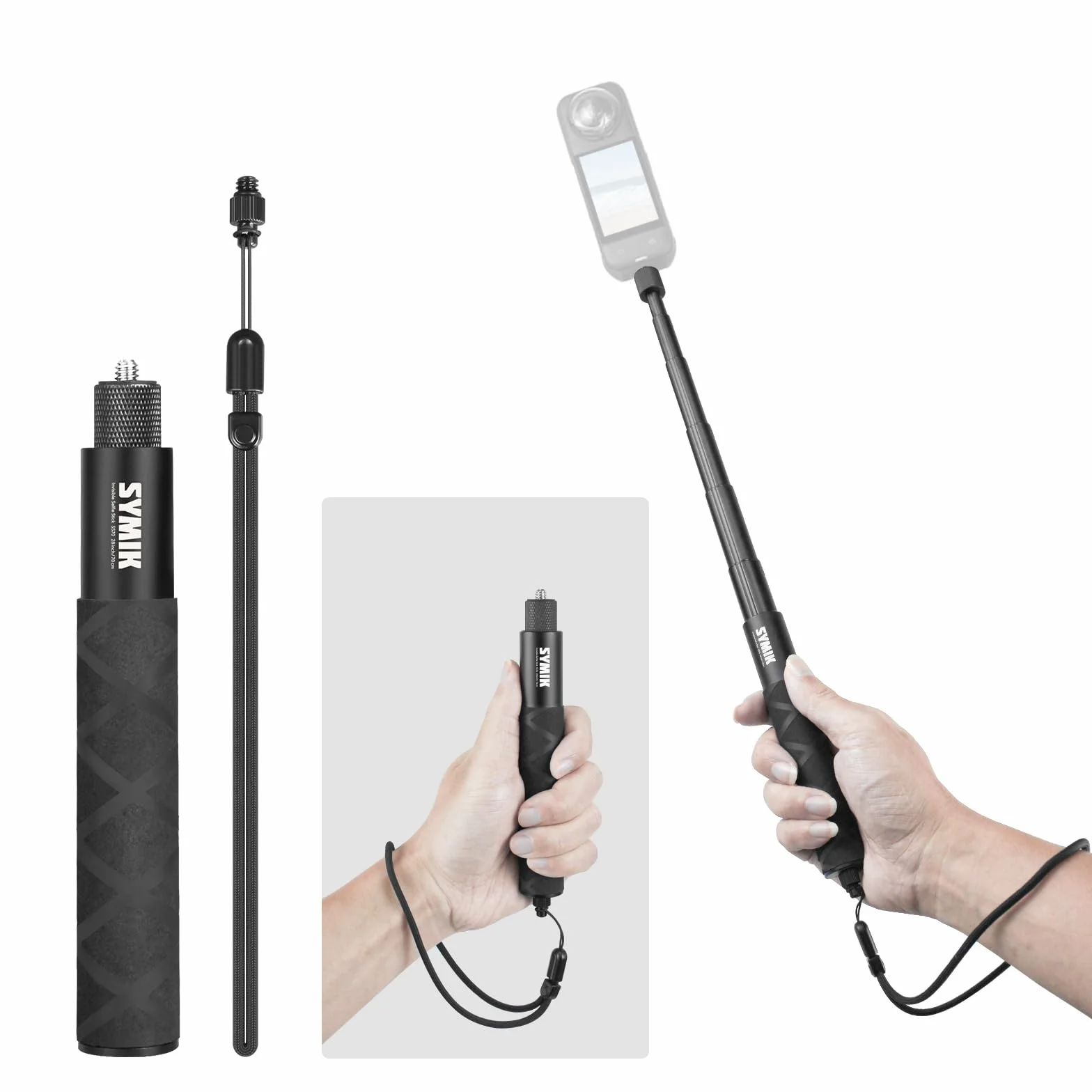 SYMIK Niewidoczny kijek do selfie do Insta360 (70 cm/27,6 cala), przedłużacz ze stopu aluminium, przenośny, wysuwany statyw jednonożny do Insta 360 X5 X4 X3 ONE X2 do DJI Osmo 360
