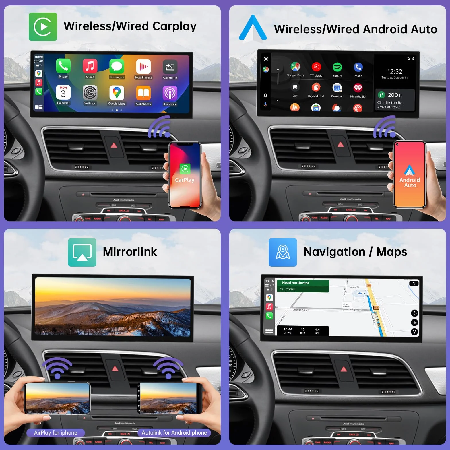 Road Top 12,3 cala Bezprzewodowy ekran dotykowy radia samochodowego CarPlay dla Audi Q3 2013-2018 rok, multimedialny ekran stereo radia samochodowego, obsługa bezprzewodowego Android Auto