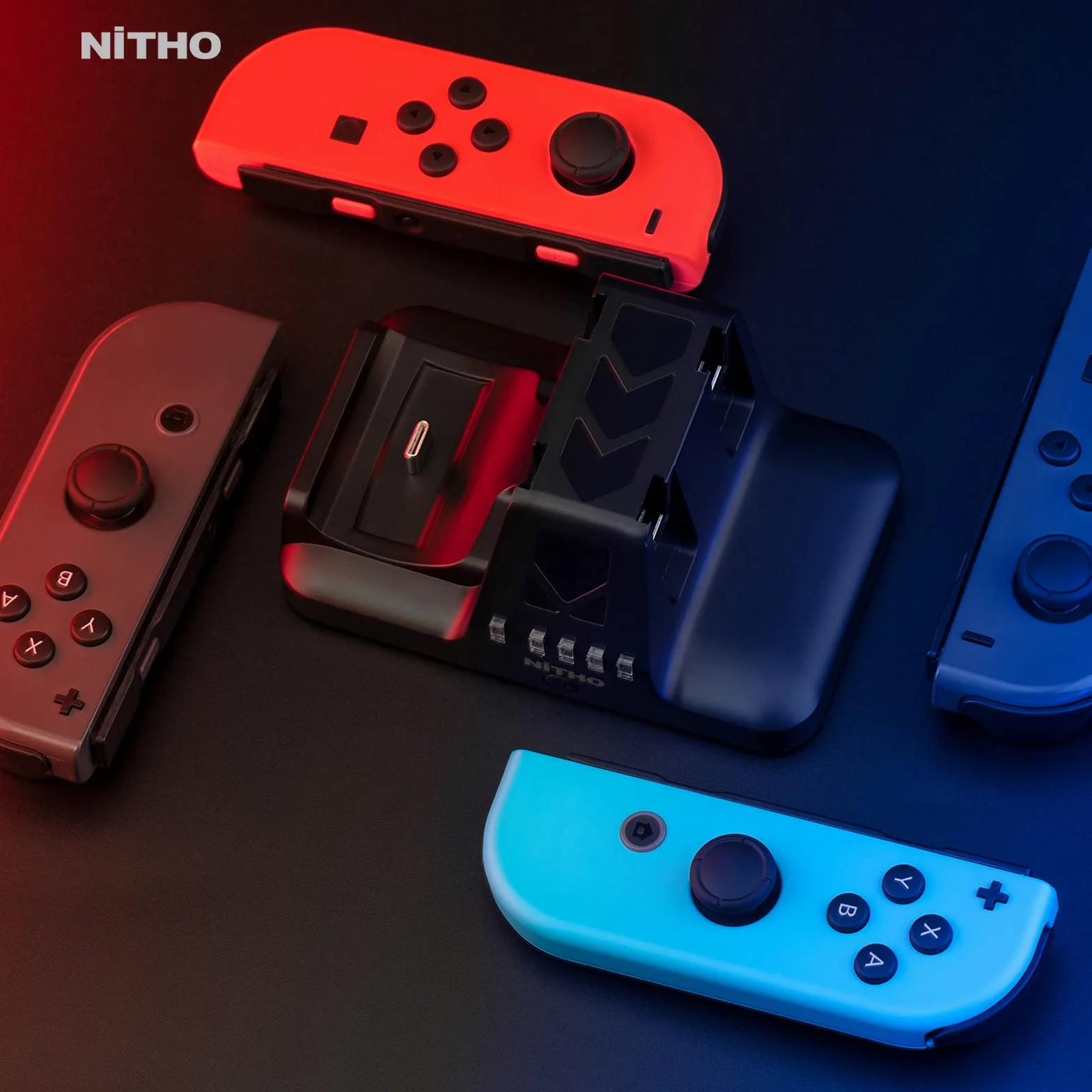 NiTHO Stacja ładująca kompatybilna z Joy-con i kontrolerem Pro Nintendo Switch, ładowanie do 4 kontrolerów Joy-con lub 2 Joy-con i 1 pilot Pro, stacja ładowania ze wskaźnikiem LED