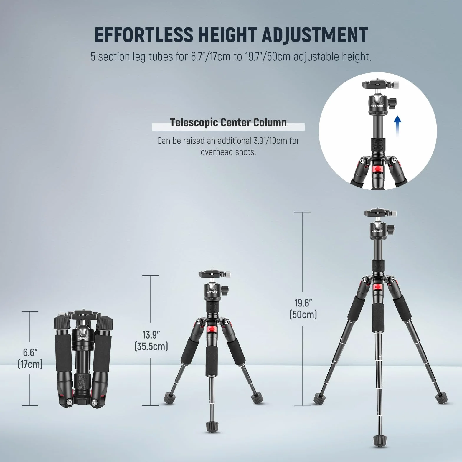 Neewer Przenośny mini statyw biurkowy - stop aluminium 20"/50 cm z głowicą kulową 360 stopni, płyta szybkiego obuwia do kamery wideo DSLR, obciążenie do 11 funtów / 5 kg