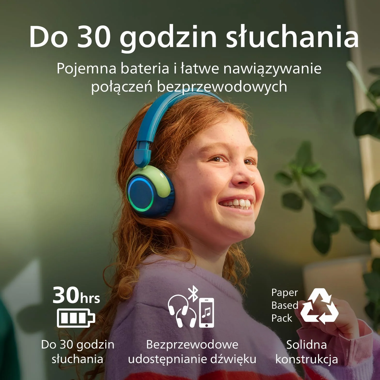 Philips TAK4200CT z serii 4200 - Bezprzewodowe, składane słuchawki nauszne dla dzieci - ograniczona głośność, udostępnianie dźwięku, kabel USB-C w zestawie - Crystal Teal
