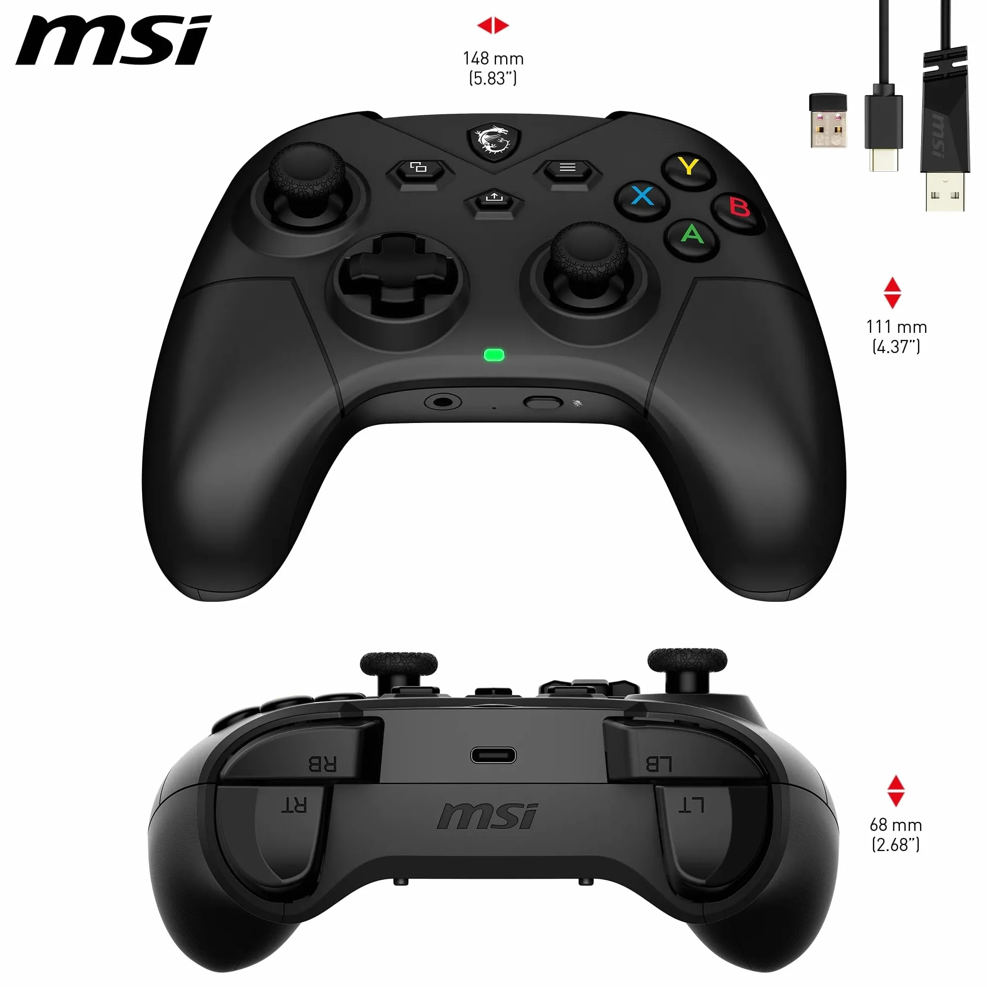 MSI FORCE GC300 W kontroler do gier, 2,4 GHz, Bluetooth, USB typu C na A, akumulator 20 h, wymienne osłony D-Pad i podwójne silniki wibracyjne, przewodowy/bezprzewodowy