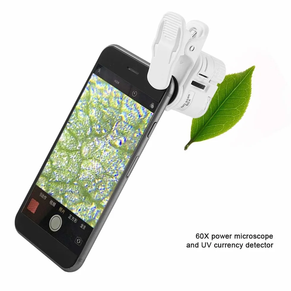 Mikroskop do telefonów komórkowych 60X Lupa LED Światło UV Mini Telefon komórkowy Klip Mikroskop
