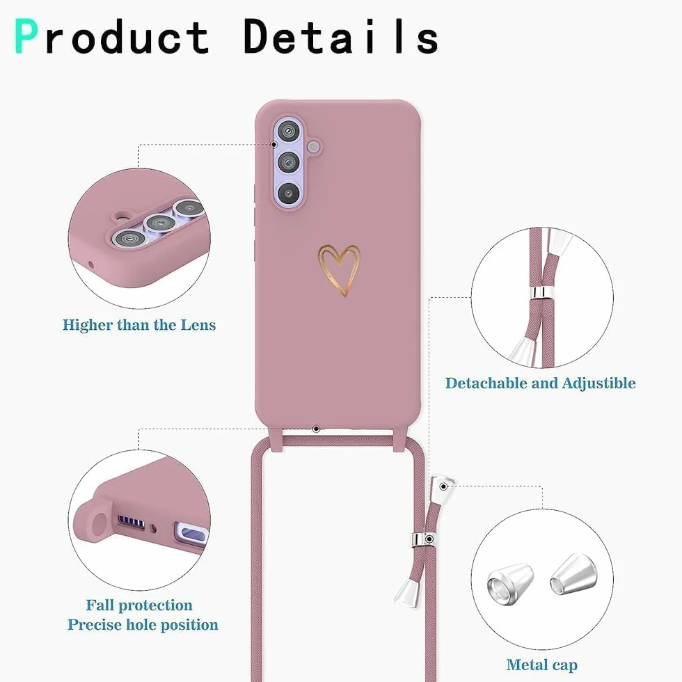 CaseLover Etui na telefon komórkowy Samsung Galaxy S25 Edge 5G, ze smyczką, wzór serca, silikonowe etui na telefon komórkowy ze zdejmowanym sznurkiem do zawieszenia, odporne na uderzenia, różowe