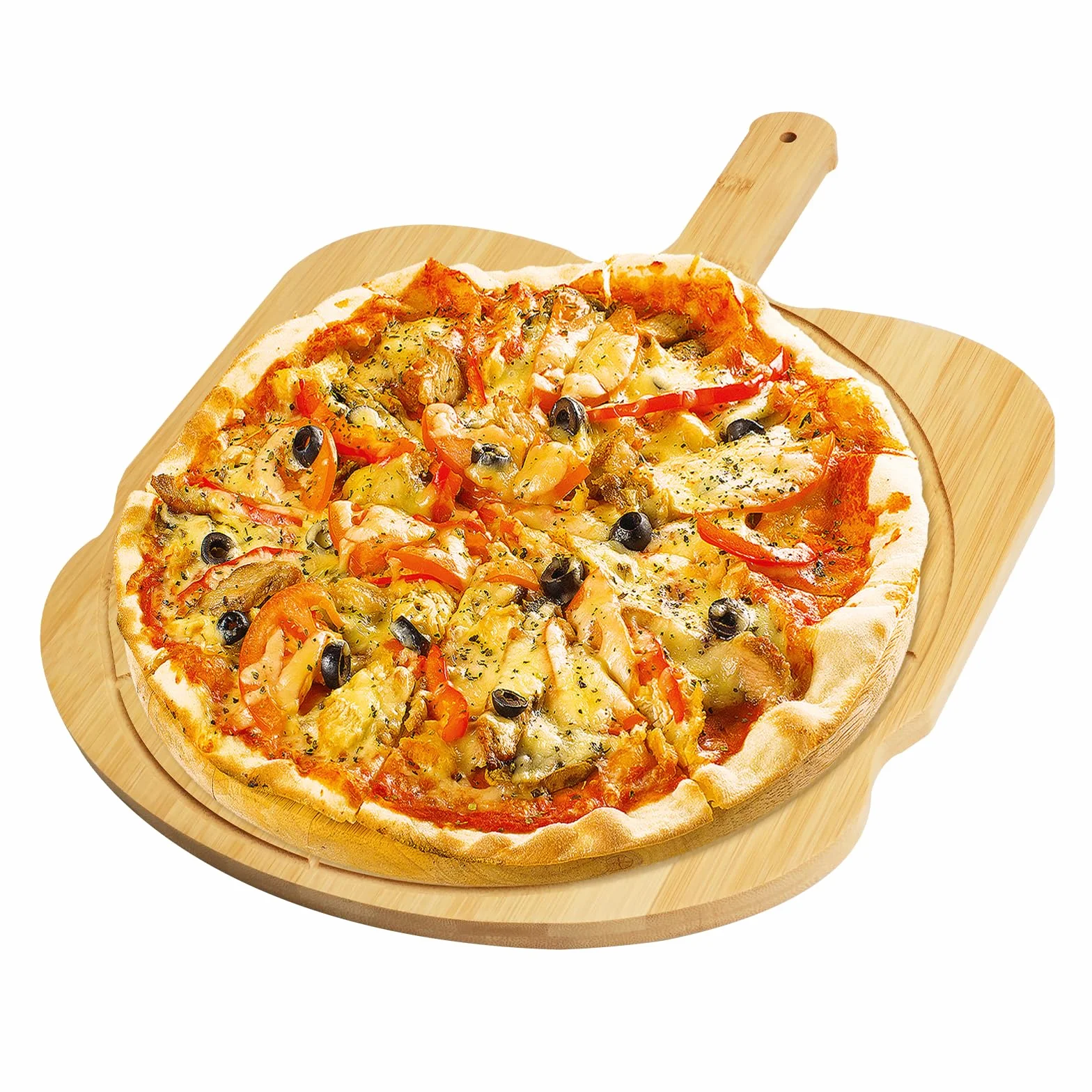 Drewniana łopatka do pizzy, deska do pizzy z bambusa, z uchwytem, nieprzywierająca deska do krojenia z prowadnicą rozmiarów, taca do serwowania chleba, owoców, sera, ciasta, mięsa (43 x 33 cm)