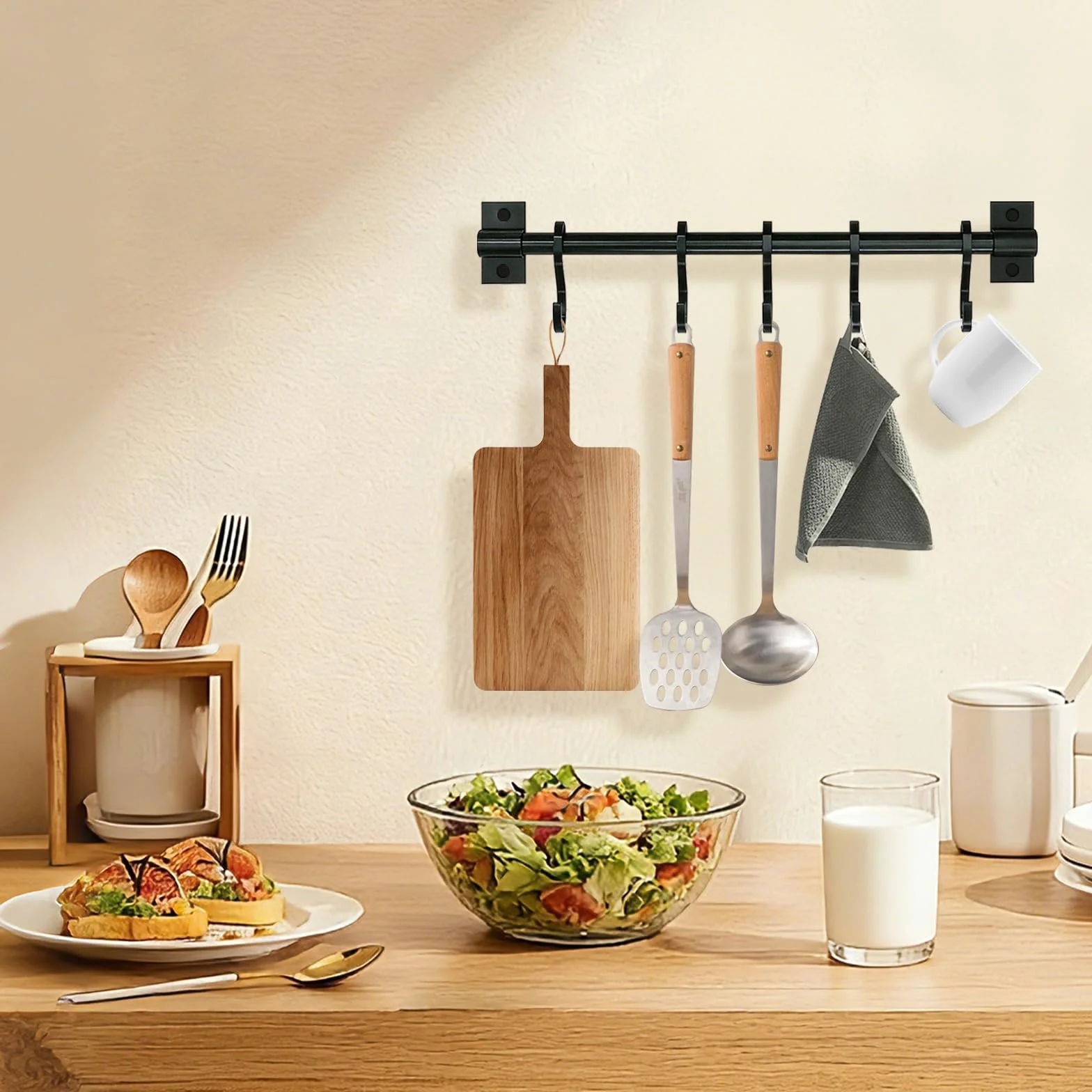 Listwa z haczykami do kuchni, bez wiercenia, czarna, 30 cm, uchwyt kuchenny, ścienny z 5 haczykami, samoprzylepna, listwa wisząca, do łazienki, regulowany wieszak na ubrania, aluminiowy do