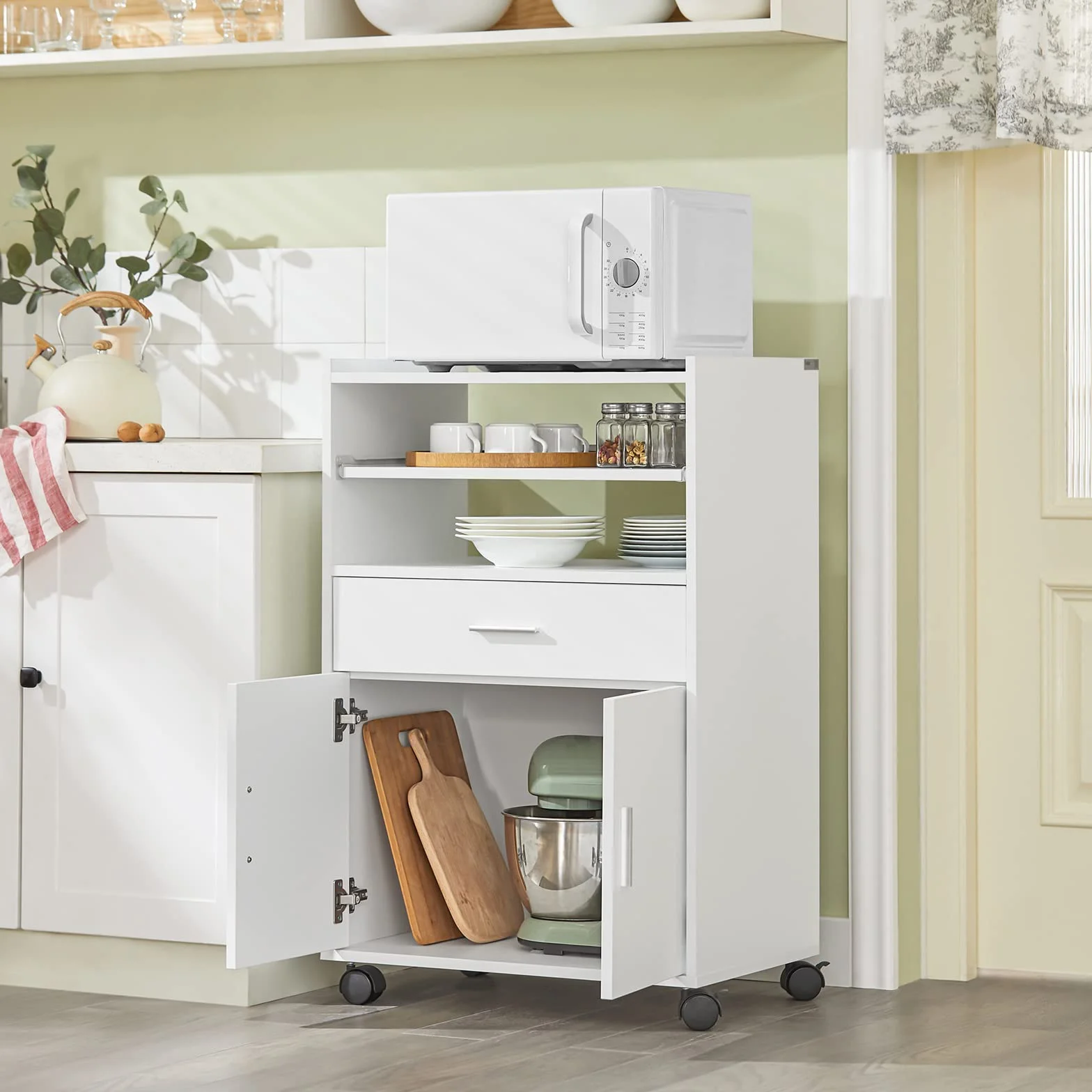 SoBuy Wózek kuchenny na kółkach rozsuwany blat biały 59×92×40 cm FSB09-W