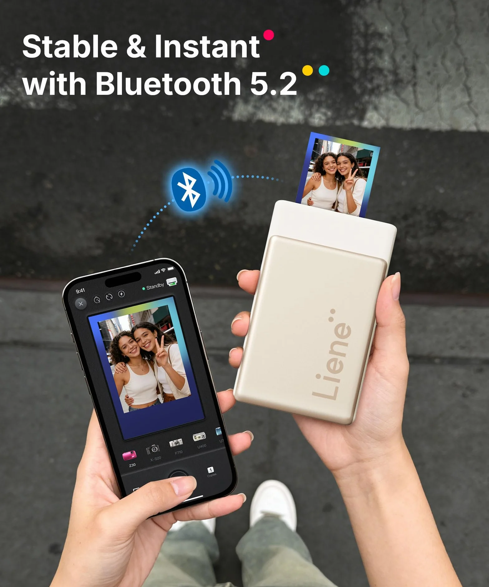Liene Pearl N200 Pro Przenośna mini drukarka do zdjęć z sublimacją barw – w zestawie 10 samoprzylepnych zdjęć (5x7,6 cm) & wstążka barwna, Bluetooth, 300 DPI, natychmiastowy wydruk zdjęć dla iPhone'a