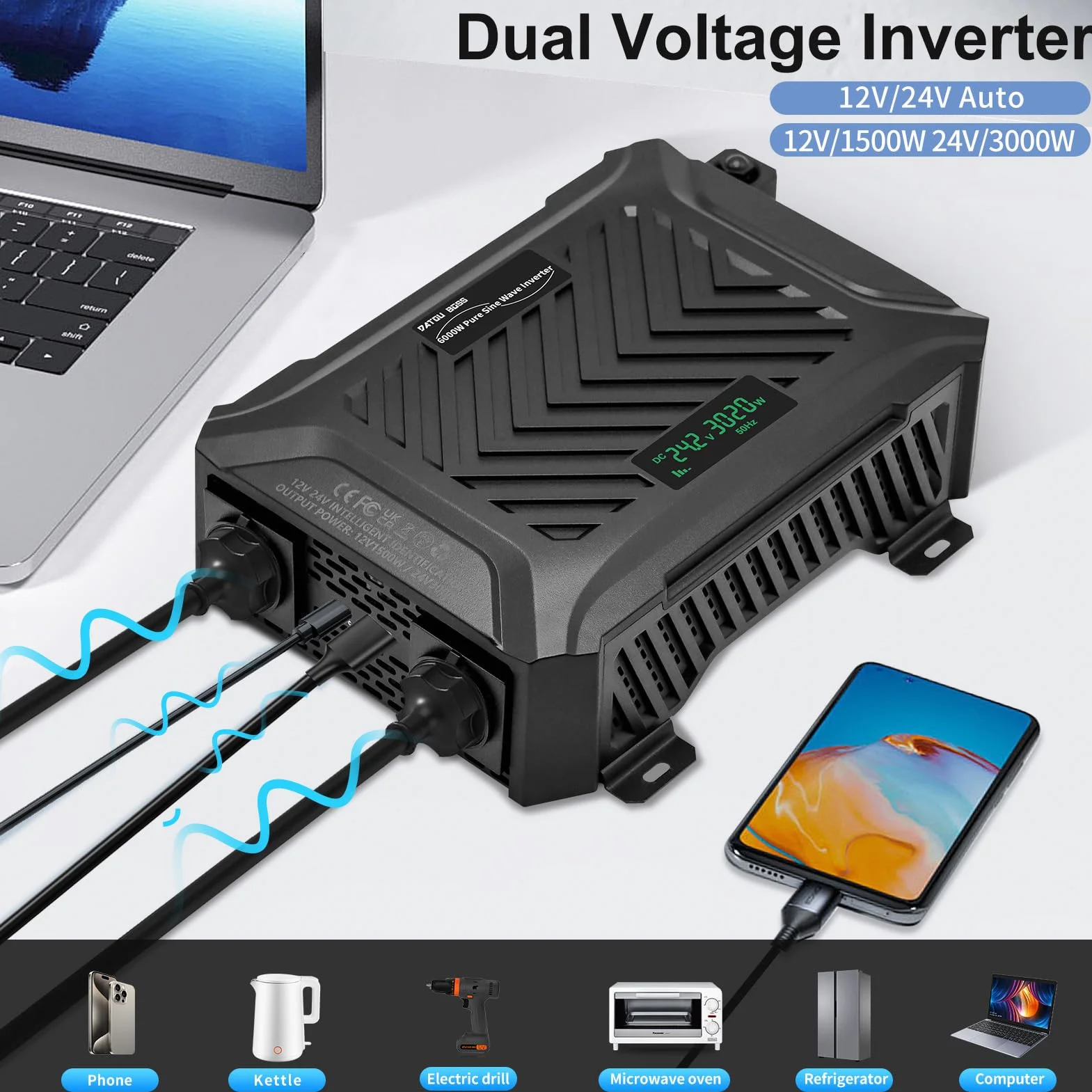 DATOUBOSS Przetwornica napięcia 12 V/24 V na 230 V 1500 W/3000 W, falownik czysty sinus 3000 W/6000 W, moc szczytowa, z inteligentnym systemem rozpoznawania, wyświetlaczem LCD, 2 gniazda EU