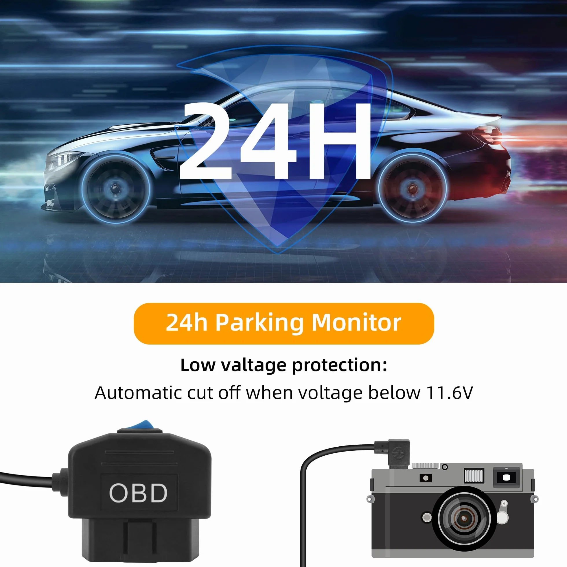 GELRHONR Kabel zasilający OBD USB C do pojazdów elektronicznych, kamery na deskę rozdzielczą, 12-24 V OBD2, zestaw Hardwire z przyciskiem przełącznika, 24-godzinny nadzór i tryb Acc 2