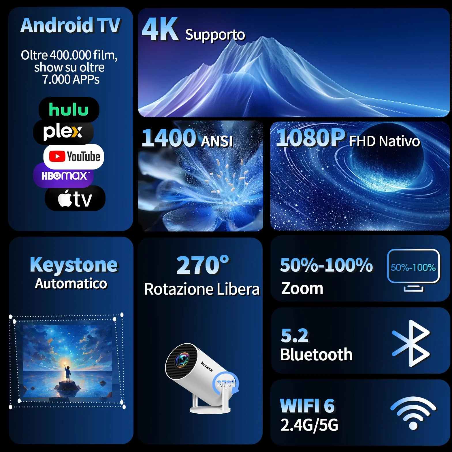 Projektor FHD 1080P [2026 Upgraded] Przenośny mini projektor 4K z WiFi 6 BT 5.2, obsługuje 270° obrotowy projektor samochodowy Keystone TV Stick/USB/HDMI/PC z kablem HDMI i myszą, biały