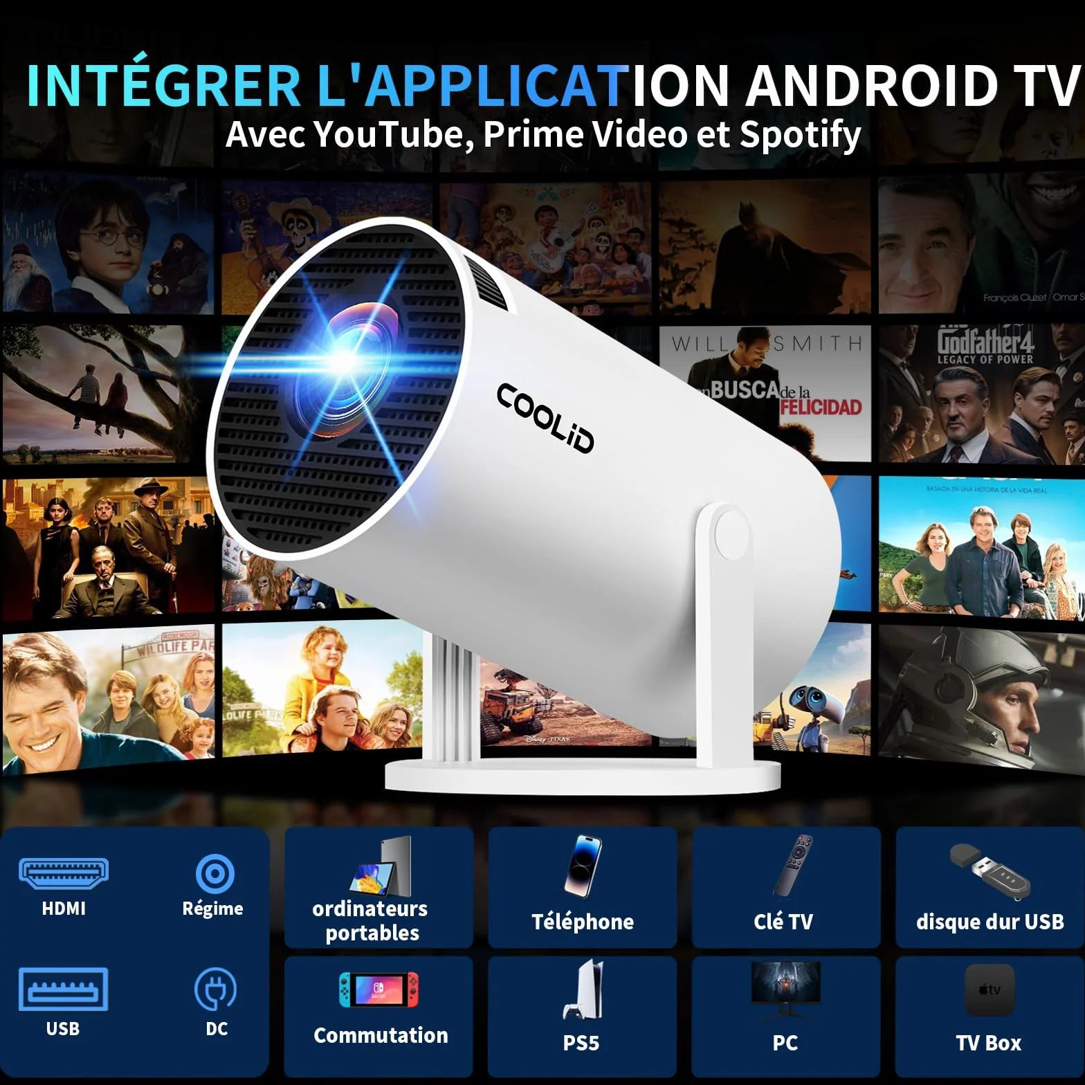 Mini projektor wideo 1080P z WiFi 6 BT 5.4, przenośny projektor 4K z telewizorem Android TV, obsługiwany projektor wideo do automatycznej korekcji trapezowej, obrót o 270°, z myszą, biały