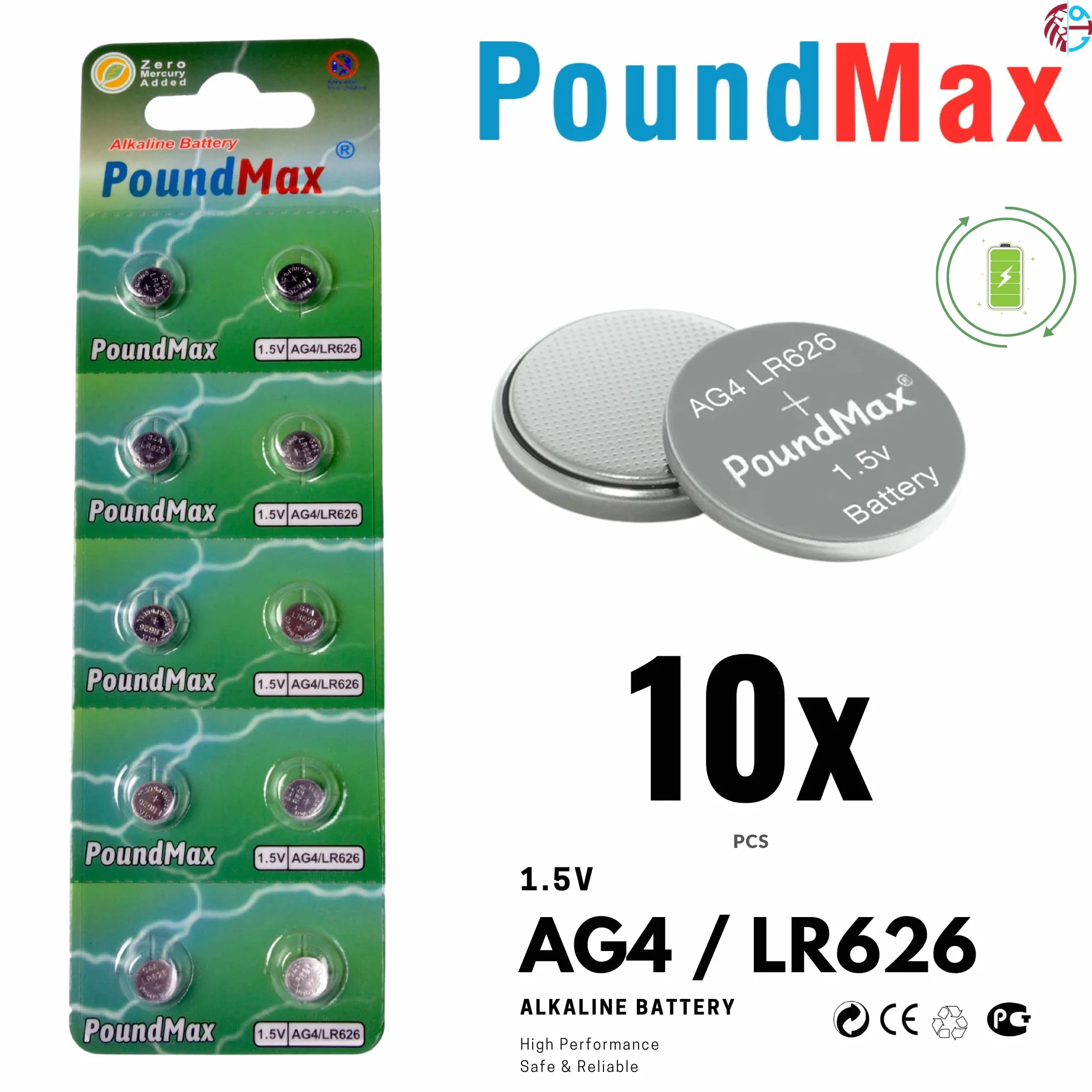 10 x AG4 376/377 LR66 SR626 SR626SW 1,5 V PoundMax alkaliczna bateria guzikowa